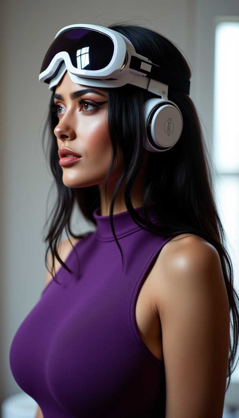 eerie, a photo of SH72,  The image features a closeup of a woman's profile, with the following visual elements1. Hairstyle The person has long, dark hair that is styled in a way that it falls over the shoulders and back. The hair appears to be sleek and straight, with a slight sheen, indicating it might be well maintained or styled with a product.2. Makeup The person is wearing makeup, with a focus on the eyes.There is a winged eyeliner that extends outward from the outer corner of the eye, giving a bold and dramatic look. The eyeshadow is subtle, with a soft peach or coral tone that complements the eyeliner. There is also a touch of blush on the cheeks, adding a natural flush to the skin.3. Headgear The person is wearing a futuristic headpiece that resembles a pair of white goggles with a metallic rim. The goggles are positioned on the forehead, with the earpieces hanging down to the sides of the head. The design of the goggles is sleek and modern, with a hint of technology or perhaps aeronautical inspiration.4. Clothing The person is wearing a purple, sleeveless top with a high neckline. The fabric appears to be a lightweight, possibly silky material that drapes smoothly over the shoulders and large chest. The top has a simple and elegant design, with no visible embellishments or patterns.5. Background The background is blurred, but it seems to be an indoor space with a neutral color palette, likely a room with white walls or a light colored interior.6. Lighting The lighting in the image is soft and diffused, casting a gentle glow on the subjects face and highlighting the contours of the headpiece and the top. The lighting creates a warm and inviting atmosphere, and it seems to be coming from the side or slightly behind the subject, as indicated by the shadow on the right side of the image.