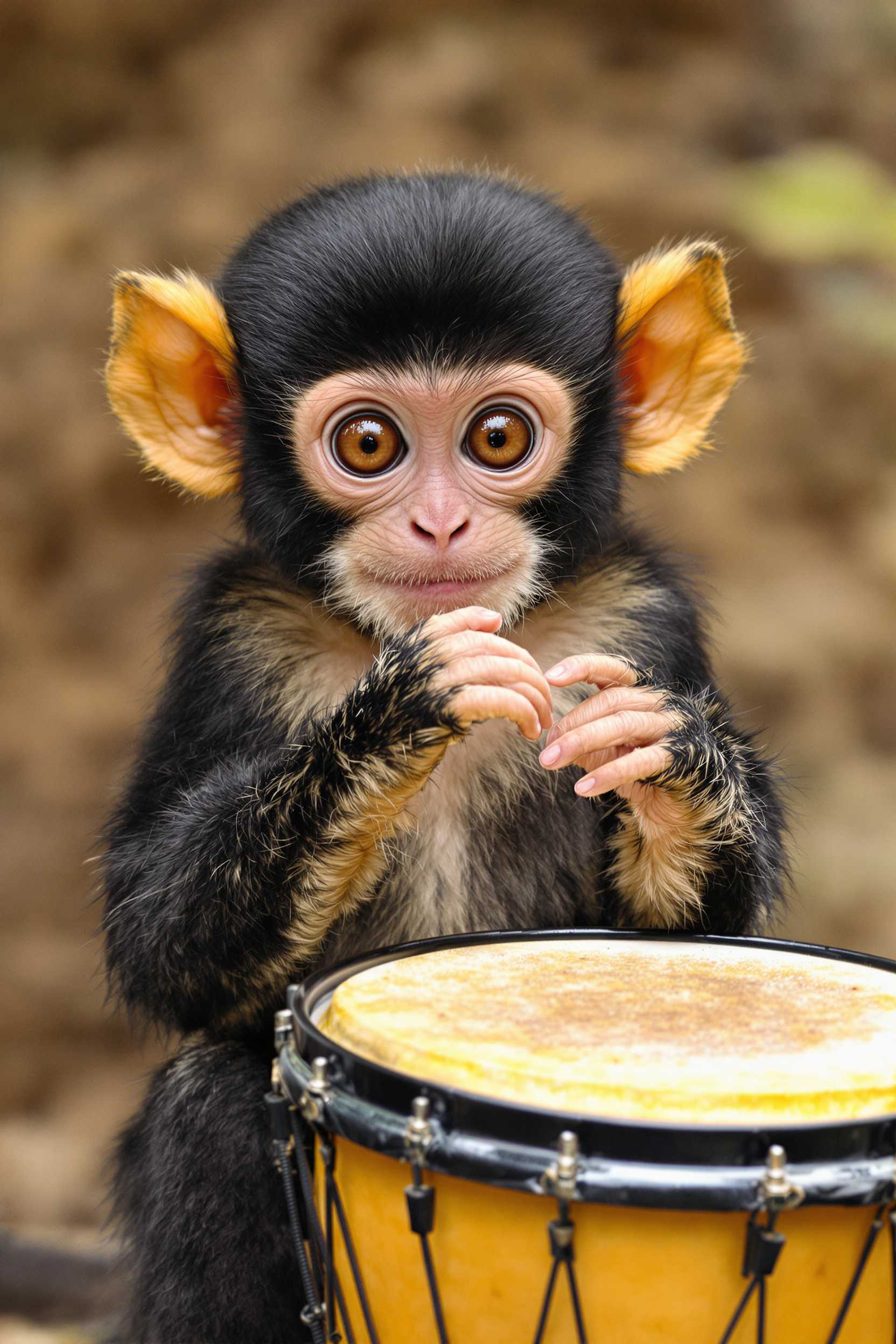 The image features a young monkey with the following visual elements1. Color and Texture of the Monkeys Fur The monkey has a predominantly black coat with lighter shades on its face and ears. The fur appears soft and fluffy, with individual strands of hair visible.2. Ears The monkey has large, floppy ears with a golden hue, which contrast with the darker color of the rest of its head.3. Eyes The monkey has large, expressive eyes with a reddish brown iris and a hint of white around the edges, giving them a somewhat humanlike appearance.4. Hands and Feet The monkeys hands and feet are raised in a gesturing manner. The hands are positioned near its chest, with fingers slightly curled, and the feet are placed on the ground, with toes slightly curled.5. Expression The monkey has a surprised or startled expression, with wide eyes and a slightly open mouth.6. Drum In front of the monkey is a small, yellow snare drum with a black rim and tension rods. The drums head appears to be made of a natural material, possibly skin, with a visible grain pattern.7. Background The background is blurred, but it seems to be a natural outdoor setting with earthy tones and hints of greenery, suggesting the monkey is in a forest or a similar environment.8. Lighting The lighting in the image is soft and natural, with a warm tone that highlights the monkey and the drum, creating a gentle contrast against the darker background.9.Composition The monkey is positioned centrally in the frame, with the drum slightly to the right, creating a balanced composition that draws the viewers attention to the subject.