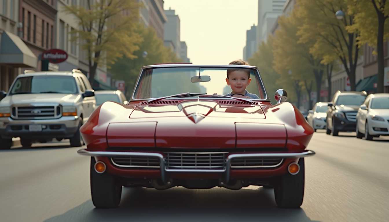 A 2 year old drives a mini 1963 corvette converible in a city street.