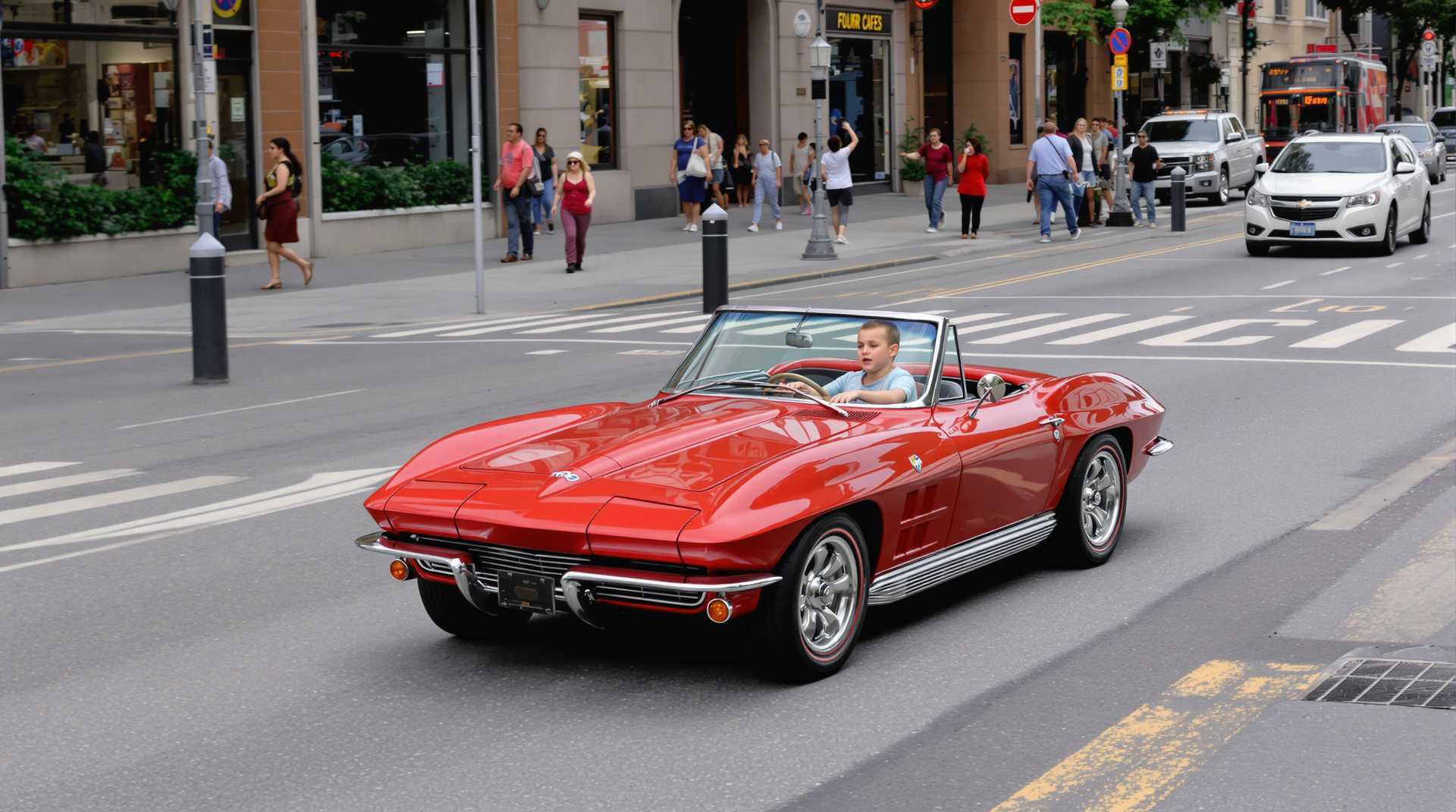 A 2 year old drives a mini 1963 corvette converible in a city street.