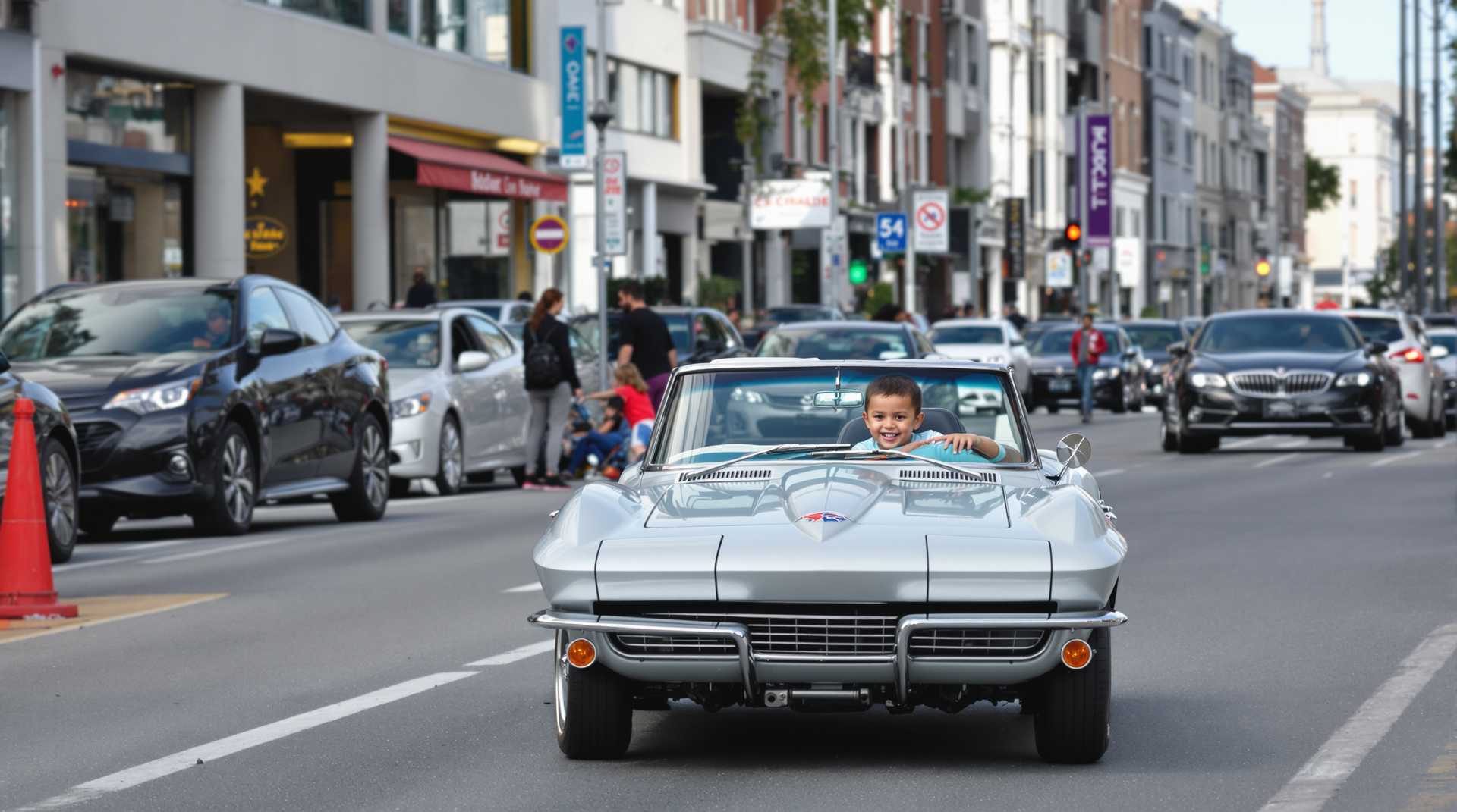 A 2 year old drives a mini 1963 corvette converible in a city street.