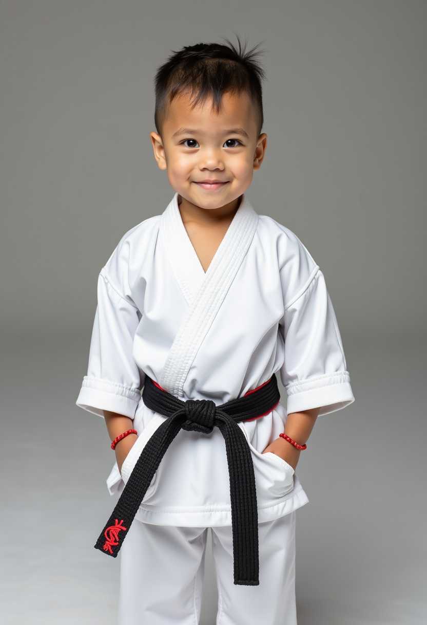 A 1 year old posing in black belt karate uniform.