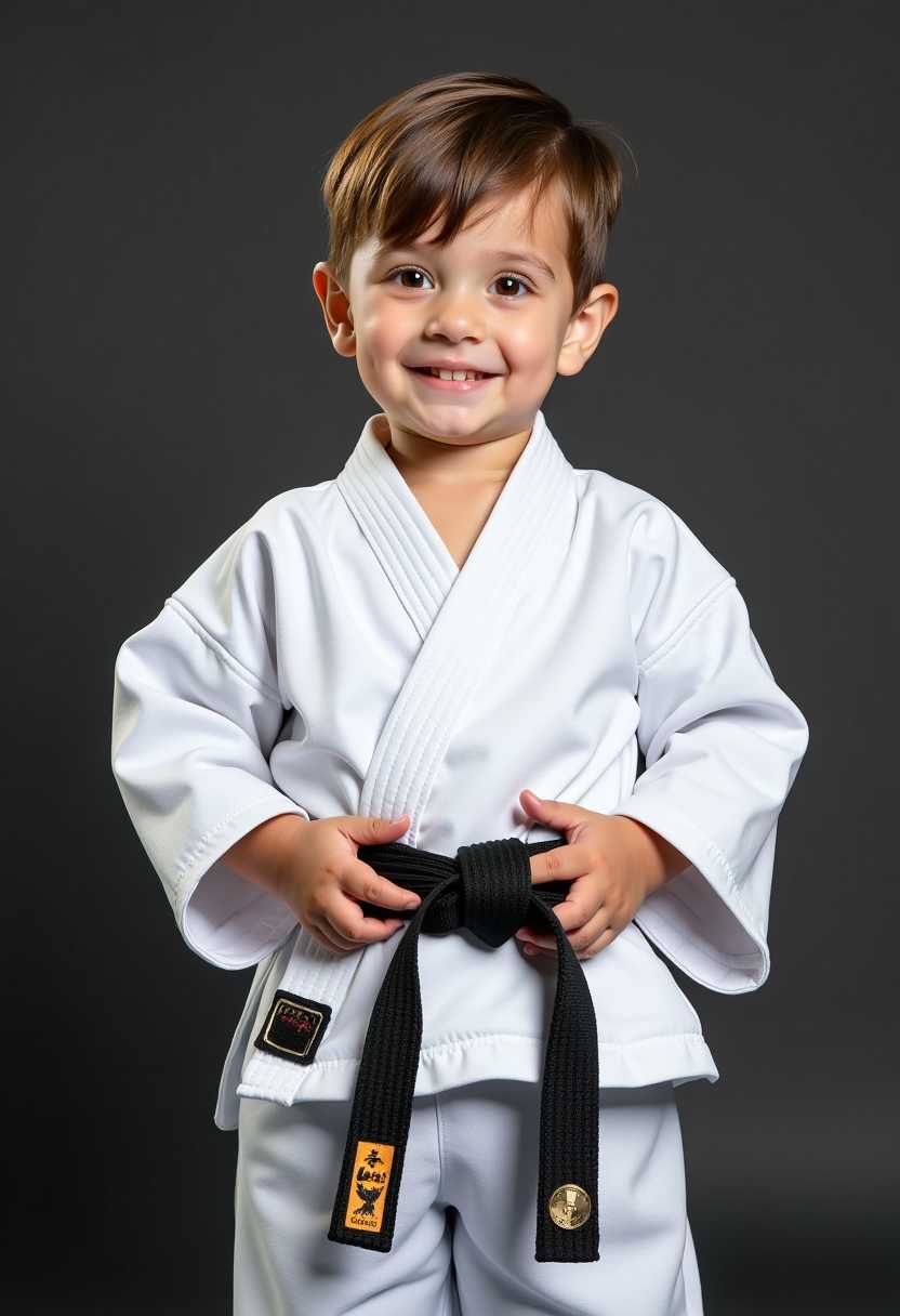 A 1 year old posing in black belt karate uniform.
