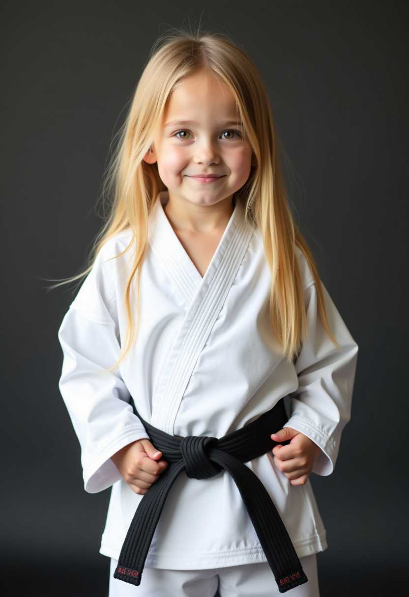 A 1 year old girl with long blonde hair, posing in black belt karate uniform.