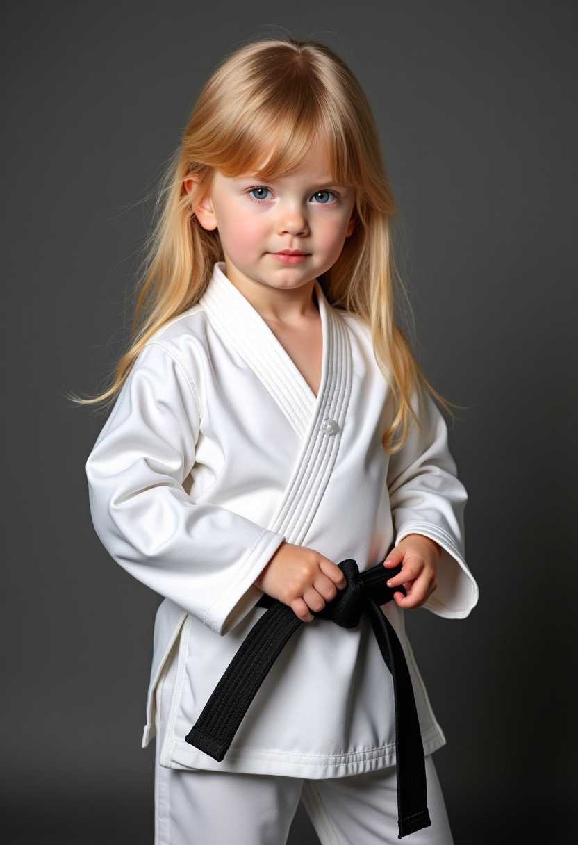 TOKSWIFTIE, A 1 year old girl with long blonde hair, posing in black belt karate uniform.