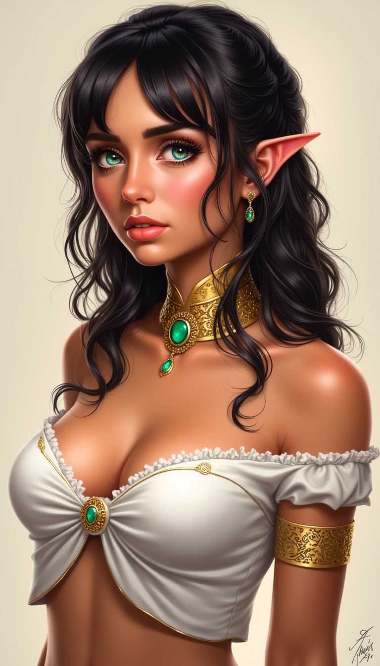 a photo of ANA$,  This image features a detailed and stylized portrayal of a female figure with several visual elements1. Hair The subject has long, curly, and voluminous black hair that cascades down her back. The hair is styled in a high ponytail with strands softly framing her face and neck.2. Ears She has pointed, elongated ears that are characteristic of an elf like appearance, which adds to the fantasy or mythical aesthetic of the character.3. Jewelry The figure is adorned with a lavish set of gold jewelry. This includes a choker necklace with a prominent, oval shaped green gemstone, a matching pendant on her white garment, and various bracelets and rings on her wrists.4. Clothing The subject is wearing a white garment that appears to be a dress or top with a lowcut neckline and off the shoulder sleeves. The fabric drapes elegantly, and there are gold embellishments that complement the jewelry.5. Skin Tone The character has a warm brown skin tone with a subtle blush on her cheeks, which gives her a healthy and youthful appearance.6. Eyes are blue, the subjects eyes are likely to be a complementary color to the warm brown skin tone, enhancing the overall aesthetic.7. Lighting The lighting in the image is soft and diffused, casting a gentle glow on the subjects skin and hair, which adds depth and dimension to the illustration.8. Background The background is a neutral, light beige color that serves to highlight the subject without detracting from her prominence in the composition.9. Artistic Style The style of the artwork is digital with a high level of detail and realism, employing smooth shading and gradients to create a lifelike appearance.