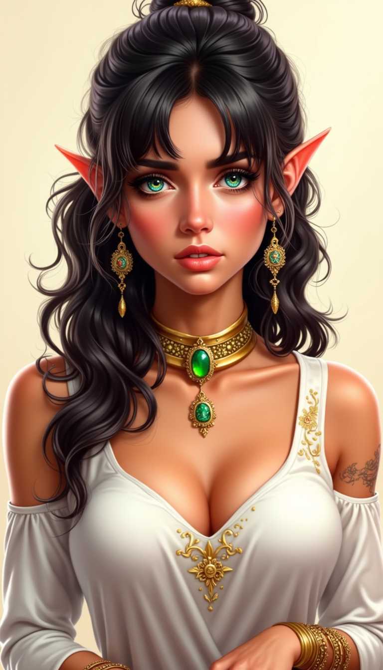 a photo of ANA$,  This image features a detailed and stylized portrayal of a female figure with several visual elements1. Hair The subject has long, curly, and voluminous black hair that cascades down her back. The hair is styled in a high ponytail with strands softly framing her face and neck.2. Ears She has pointed, elongated ears that are characteristic of an elf like appearance, which adds to the fantasy or mythical aesthetic of the character.3. Jewelry The figure is adorned with a lavish set of gold jewelry. This includes a choker necklace with a prominent, oval shaped green gemstone, a matching pendant on her white garment, and various bracelets and rings on her wrists.4. Clothing The subject is wearing a white garment that appears to be a dress or top with a lowcut neckline and off the shoulder sleeves. The fabric drapes elegantly, and there are gold embellishments that complement the jewelry.5. Skin Tone The character has a warm brown skin tone with a subtle blush on her cheeks, which gives her a healthy and youthful appearance.6. Eyes are blue, the subjects eyes are likely to be a complementary color to the warm brown skin tone, enhancing the overall aesthetic.7. Lighting The lighting in the image is soft and diffused, casting a gentle glow on the subjects skin and hair, which adds depth and dimension to the illustration.8. Background The background is a neutral, light beige color that serves to highlight the subject without detracting from her prominence in the composition.9. Artistic Style The style of the artwork is digital with a high level of detail and realism, employing smooth shading and gradients to create a lifelike appearance.