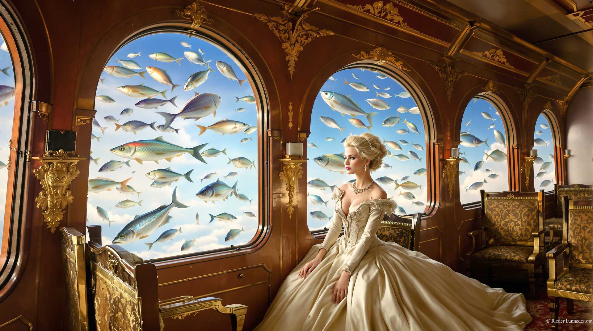 This photo high detail image features a woman in  surreal and dreamlike quality, with several visual elements that contribute to its fantastical atmosphere1. The Setting The scene takes place inside what appears to be a luxurious, old fashioned train carriage. The carriage has large, arched windows that frame the view of the outside world.2. The Window View Through the windows, we see a sky that is a gradient of blue, transitioning from a light, almost ethereal blue at the top to a deeper, more vibrant blue at the bottom. Floating in the sky are numerous fish, of various sizes and colors, which adds a sense of whimsy and fantasy to the scene.3. The Fish The fish are rendered in a lifelike manner, with detailed scales and fins, and they are depicted in mid flight, which is an unusual and imaginative element.4. The Train Interior The interior of the train carriage is richly detailed, with ornate wood paneling and metal fixtures that give it a sense of antiquity and elegance. The seats are upholstered in a fabric that has a golden sheen, and the armrests are adorned with intricate golden patterns.5. The Lady The focal point of the image is a woman dressed in a flowing, elegant gown with long sleeves and a fitted bodice. The dress is adorned with golden embellishments and beading, and the fabric drapes gracefully around her figure. Her blonde  hair is styled in an updo with loose tendrils framing her face, and she has a contemplative expression.6. Lighting The lighting in the scene is soft and warm, with a golden hue that filters through the windows and highlights the textures and details of the scene. The light creates a play of shadows and highlights that give depth to the image.7. Color Palette The color palette is rich and varied, with a predominance of blues, golds, and earthy tones that create a harmonious and visually pleasing contrast.8. Composition The composition of the image is balanced, with the woman positioned centrally and the train carriage and fish providing a sense of depth and context. The perspective is slightly skewed, with the windows and the curvature of the train carriage adding to the dreamlike quality.9. Atmosphere Overall, the image has a dreamy and otherworldly atmosphere, inviting the viewer to step into a fantastical world where the ordinary is turned upside down.10. Textures The textures in the image are varied, from the smooth, reflective surfaces of the train carriage to the roughness of the womans dress and the scales of the fish, each contributing to the tactile sensation of the scene.These elements come together to create a visually striking and thought provoking image that blurs the lines between reality and fantasy.