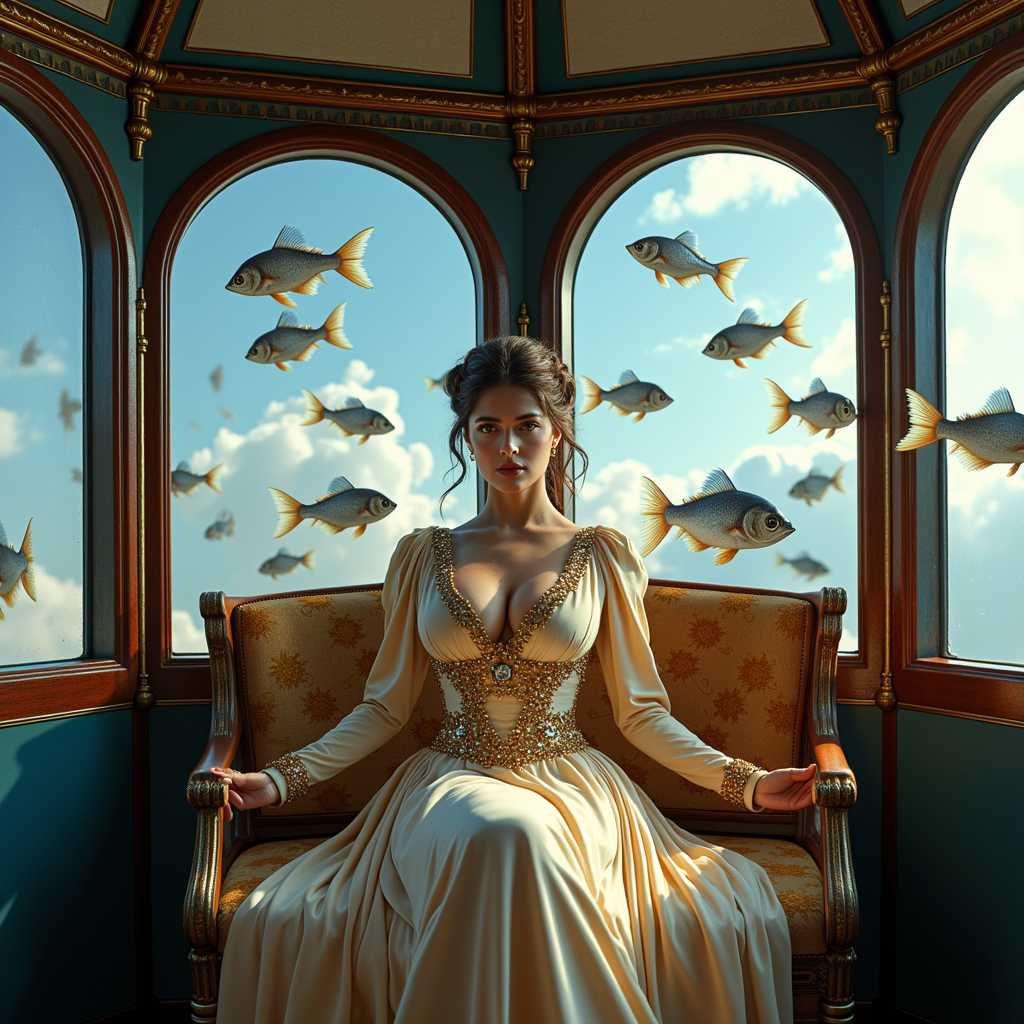 a photo of SH72, This photo high detail image features a woman in  surreal and dreamlike quality, with several visual elements that contribute to its fantastical atmosphere1. The Setting The scene takes place inside what appears to be a luxurious, old fashioned train carriage. The carriage has large, arched windows that frame the view of the outside world.2. The Window View Through the windows, we see a sky that is a gradient of blue, transitioning from a light, almost ethereal blue at the top to a deeper, more vibrant blue at the bottom. Floating in the sky are numerous fish, of various sizes and colors, which adds a sense of whimsy and fantasy to the scene.3. The Fish The fish are rendered in a lifelike manner, with detailed scales and fins, and they are depicted in mid flight, which is an unusual and imaginative element.4. The Train Interior The interior of the train carriage is richly detailed, with ornate wood paneling and metal fixtures that give it a sense of antiquity and elegance. The seats are upholstered in a fabric that has a golden sheen, and the armrests are adorned with intricate golden patterns.5. The Lady The focal point of the image is a woman dressed in a flowing, elegant gown with long sleeves and a fitted bodice. The dress is adorned with golden embellishments and beading, and the fabric drapes gracefully around her figure. Her hair is styled in an updo with loose tendrils framing her face, and she has a contemplative expression.6. Lighting The lighting in the scene is soft and warm, with a golden hue that filters through the windows and highlights the textures and details of the scene. The light creates a play of shadows and highlights that give depth to the image.7. Color Palette The color palette is rich and varied, with a predominance of blues, golds, and earthy tones that create a harmonious and visually pleasing contrast.8. Composition The composition of the image is balanced, with the woman positioned centrally and the train carriage and fish providing a sense of depth and context. The perspective is slightly skewed, with the windows and the curvature of the train carriage adding to the dreamlike quality.9. Atmosphere Overall, the image has a dreamy and otherworldly atmosphere, inviting the viewer to step into a fantastical world where the ordinary is turned upside down.10. Textures The textures in the image are varied, from the smooth, reflective surfaces of the train carriage to the roughness of the womans dress and the scales of the fish, each contributing to the tactile sensation of the scene.These elements come together to create a visually striking and thought provoking image that blurs the lines between reality and fantasy.