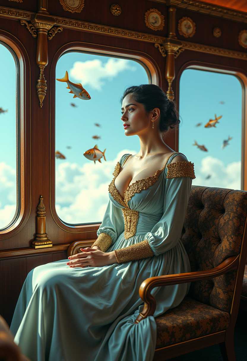 a photo of SH72, This photo high detail image features a woman in  surreal and dreamlike quality, with several visual elements that contribute to its fantastical atmosphere1. The Setting The scene takes place inside what appears to be a luxurious, old fashioned train carriage. The carriage has large, arched windows that frame the view of the outside world.2. The Window View Through the windows, we see a sky that is a gradient of blue, transitioning from a light, almost ethereal blue at the top to a deeper, more vibrant blue at the bottom. Floating in the sky are numerous fish, of various sizes and colors, which adds a sense of whimsy and fantasy to the scene.3. The Fish The fish are rendered in a lifelike manner, with detailed scales and fins, and they are depicted in mid flight, which is an unusual and imaginative element.4. The Train Interior The interior of the train carriage is richly detailed, with ornate wood paneling and metal fixtures that give it a sense of antiquity and elegance. The seats are upholstered in a fabric that has a golden sheen, and the armrests are adorned with intricate golden patterns.5. The Lady The focal point of the image is a woman dressed in a flowing, elegant gown with long sleeves and a fitted bodice. The dress is adorned with golden embellishments and beading, and the fabric drapes gracefully around her figure. Her hair is styled in an updo with loose tendrils framing her face, and she has a contemplative expression.6. Lighting The lighting in the scene is soft and warm, with a golden hue that filters through the windows and highlights the textures and details of the scene. The light creates a play of shadows and highlights that give depth to the image.7. Color Palette The color palette is rich and varied, with a predominance of blues, golds, and earthy tones that create a harmonious and visually pleasing contrast.8. Composition The composition of the image is balanced, with the woman positioned centrally and the train carriage and fish providing a sense of depth and context. The perspective is slightly skewed, with the windows and the curvature of the train carriage adding to the dreamlike quality.9. Atmosphere Overall, the image has a dreamy and otherworldly atmosphere, inviting the viewer to step into a fantastical world where the ordinary is turned upside down.10. Textures The textures in the image are varied, from the smooth, reflective surfaces of the train carriage to the roughness of the womans dress and the scales of the fish, each contributing to the tactile sensation of the scene.These elements come together to create a visually striking and thought provoking image that blurs the lines between reality and fantasy.