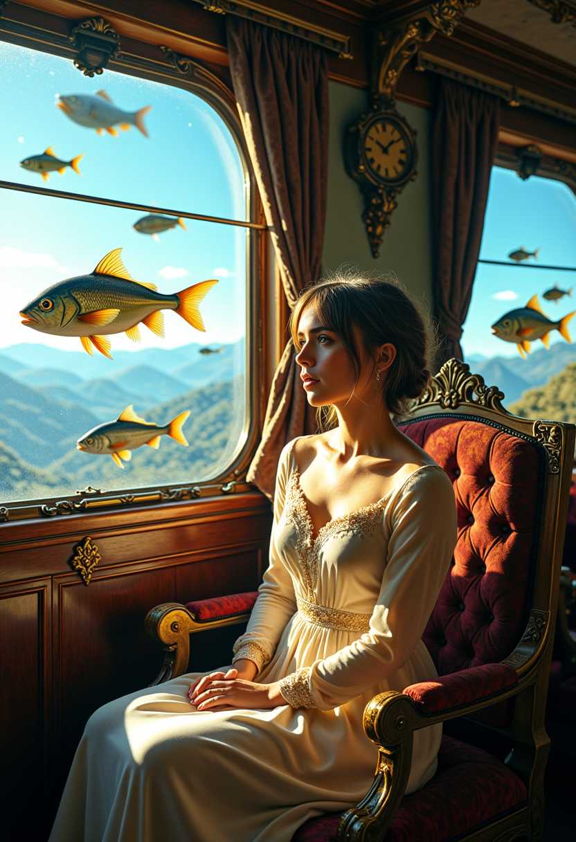 a photo of ANA$,  This photo high detail image features a woman in  surreal and dreamlike quality, with several visual elements that contribute to its fantastical atmosphere1. The Setting The scene takes place inside what appears to be a luxurious, old fashioned train carriage. The carriage has large, arched windows that frame the view of the outside world.2. The Window View Through the windows, we see a sky that is a gradient of blue, transitioning from a light, almost ethereal blue at the top to a deeper, more vibrant blue at the bottom. Floating in the sky are numerous fish, of various sizes and colors, which adds a sense of whimsy and fantasy to the scene.3. The Fish The fish are rendered in a lifelike manner, with detailed scales and fins, and they are depicted in mid flight, which is an unusual and imaginative element.4. The Train Interior The interior of the train carriage is richly detailed, with ornate wood paneling and metal fixtures that give it a sense of antiquity and elegance. The seats are upholstered in a fabric that has a golden sheen, and the armrests are adorned with intricate golden patterns.5. The Lady The focal point of the image is a woman dressed in a flowing, elegant gown with long sleeves and a fitted bodice. The dress is adorned with golden embellishments and beading, and the fabric drapes gracefully around her figure. Her hair is styled in an updo with loose tendrils framing her face, and she has a contemplative expression.6. Lighting The lighting in the scene is soft and warm, with a golden hue that filters through the windows and highlights the textures and details of the scene. The light creates a play of shadows and highlights that give depth to the image.7. Color Palette The color palette is rich and varied, with a predominance of blues, golds, and earthy tones that create a harmonious and visually pleasing contrast.8. Composition The composition of the image is balanced, with the woman positioned centrally and the train carriage and fish providing a sense of depth and context. The perspective is slightly skewed, with the windows and the curvature of the train carriage adding to the dreamlike quality.9. Atmosphere Overall, the image has a dreamy and otherworldly atmosphere, inviting the viewer to step into a fantastical world where the ordinary is turned upside down.10. Textures The textures in the image are varied, from the smooth, reflective surfaces of the train carriage to the roughness of the womans dress and the scales of the fish, each contributing to the tactile sensation of the scene.These elements come together to create a visually striking and thought provoking image that blurs the lines between reality and fantasy.
