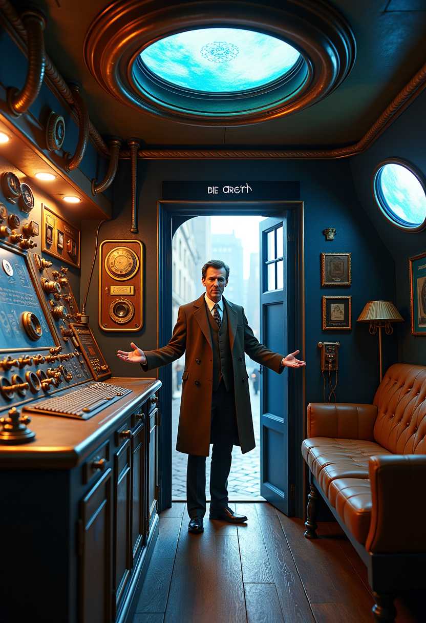 An **intricate interior** of the TARDIS from *Doctor Who*, with a **timeless, retro-futuristic aesthetic** reminiscent of the 1960s design with modern technological elements. The **lighting** should be **soft**, casting **warm, ambient glows** from various control panels, dials, and screens. **Textures** include **brushed metal** for the central console, **soft, worn leather** for the seats, and **vintage wood** for the walls, giving a **lived-in, yet otherworldly feel**. 

- **Visual Details**: 
  - **The central console** is a maze of **antique controls**, **steampunk levers**, and **futuristic screens**, all interconnected with **copper wiring** and **glowing tubes**.
  - **The roundels** on the walls emit a **gentle blue light**, suggesting a **mystical energy source**.
  - **Books, gadgets, and alien artifacts** are scattered around, indicating the Doctor's travels through time and space.
  
- **Composition**: 
  - **Doctor Who** stands slightly to the left, near the console, **facing the viewer** with a **welcoming, excited expression**, hands outstretched as if inviting us into adventure.
  - **Camera Angle**: A **low angle** shot from inside the TARDIS looking up towards the Doctor, emphasizing his **commanding yet approachable presence**.
  - **Framing**: The **TARDIS interior** fills the frame, with the door ajar behind the Doctor, hinting at the **exterior London street scene**.

- **Mood and Atmosphere**: 
  - **The atmosphere** is **intimate and mysterious**, with a **sense of endless possibilities** and **adventure**. 
  - **Time of Day**: Indeterminate, but the **lighting suggests early evening or dusk**, blending reality with the TARDIS's otherworldly environment.

- **Technical Aspects**: 
  - **Artistic Style**: Blend of **retro-futurism**, **Victorian steampunk**, and **modern sci-fi aesthetics**.
  - **Photography Technique**: Use **shallow depth of field** to focus on the Doctor while the intricate background details blur slightly, creating a **dreamlike quality**. 
  - **Color Palette**: **Muted blues, coppers, and soft whites** with **vibrant accents** from the controls and screens.

Matt Smith as the Doctor.