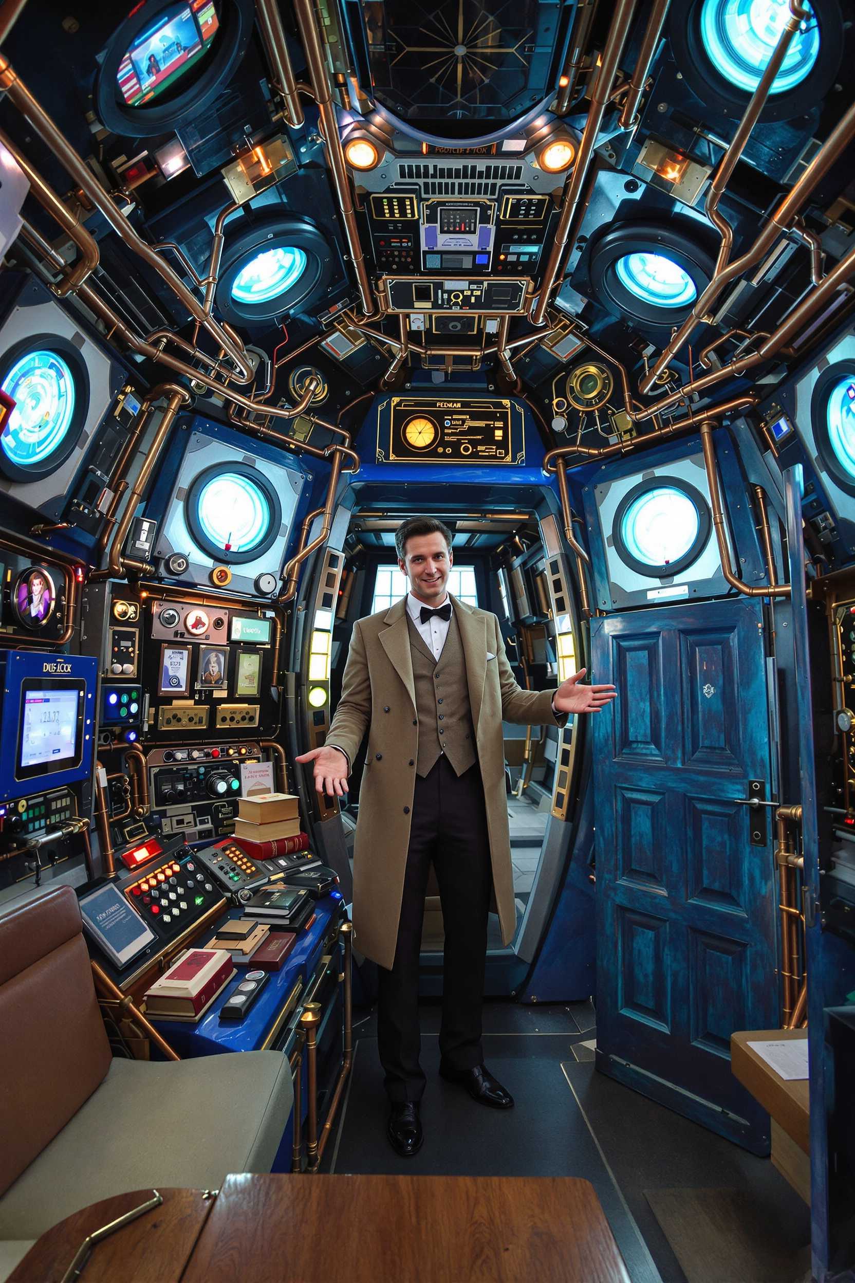 An **intricate interior** of the TARDIS from *Doctor Who*, with a **timeless, retro-futuristic aesthetic** reminiscent of the 1960s design with modern technological elements. The **lighting** should be **soft**, casting **warm, ambient glows** from various control panels, dials, and screens. **Textures** include **brushed metal** for the central console, **soft, worn leather** for the seats, and **vintage wood** for the walls, giving a **lived-in, yet otherworldly feel**. 

- **Visual Details**: 
  - **The central console** is a maze of **antique controls**, **steampunk levers**, and **futuristic screens**, all interconnected with **copper wiring** and **glowing tubes**.
  - **The roundels** on the walls emit a **gentle blue light**, suggesting a **mystical energy source**.
  - **Books, gadgets, and alien artifacts** are scattered around, indicating the Doctor's travels through time and space.
  
- **Composition**: 
  - **Doctor Who** stands slightly to the left, near the console, **facing the viewer** with a **welcoming, excited expression**, hands outstretched as if inviting us into adventure.
  - **Camera Angle**: A **low angle** shot from inside the TARDIS looking up towards the Doctor, emphasizing his **commanding yet approachable presence**.
  - **Framing**: The **TARDIS interior** fills the frame, with the door ajar behind the Doctor, hinting at the **exterior London street scene**.

- **Mood and Atmosphere**: 
  - **The atmosphere** is **intimate and mysterious**, with a **sense of endless possibilities** and **adventure**. 
  - **Time of Day**: Indeterminate, but the **lighting suggests early evening or dusk**, blending reality with the TARDIS's otherworldly environment.

- **Technical Aspects**: 
  - **Artistic Style**: Blend of **retro-futurism**, **Victorian steampunk**, and **modern sci-fi aesthetics**.
  - **Photography Technique**: Use **shallow depth of field** to focus on the Doctor while the intricate background details blur slightly, creating a **dreamlike quality**. 
  - **Color Palette**: **Muted blues, coppers, and soft whites** with **vibrant accents** from the controls and screens.

Matt Smith as the Doctor.