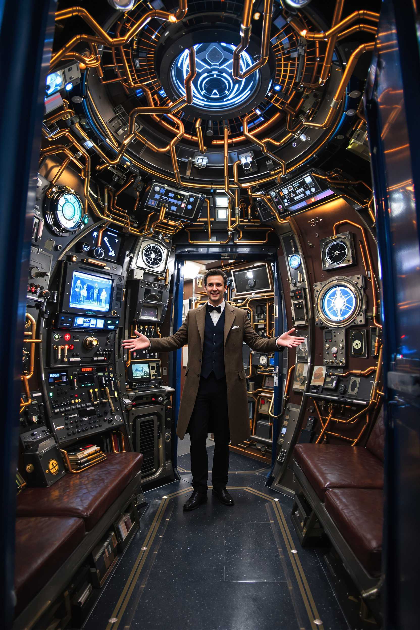 An **intricate interior** of the TARDIS from *Doctor Who*, with a **timeless, retro-futuristic aesthetic** reminiscent of the 1960s design with modern technological elements. The **lighting** should be **soft**, casting **warm, ambient glows** from various control panels, dials, and screens. **Textures** include **brushed metal** for the central console, **soft, worn leather** for the seats, and **vintage wood** for the walls, giving a **lived-in, yet otherworldly feel**. 

- **Visual Details**: 
  - **The central console** is a maze of **antique controls**, **steampunk levers**, and **futuristic screens**, all interconnected with **copper wiring** and **glowing tubes**.
  - **The roundels** on the walls emit a **gentle blue light**, suggesting a **mystical energy source**.
  - **Books, gadgets, and alien artifacts** are scattered around, indicating the Doctor's travels through time and space.
  
- **Composition**: 
  - **Doctor Who** stands slightly to the left, near the console, **facing the viewer** with a **welcoming, excited expression**, hands outstretched as if inviting us into adventure.
  - **Camera Angle**: A **low angle** shot from inside the TARDIS looking up towards the Doctor, emphasizing his **commanding yet approachable presence**.
  - **Framing**: The **TARDIS interior** fills the frame, with the door ajar behind the Doctor, hinting at the **exterior London street scene**.

- **Mood and Atmosphere**: 
  - **The atmosphere** is **intimate and mysterious**, with a **sense of endless possibilities** and **adventure**. 
  - **Time of Day**: Indeterminate, but the **lighting suggests early evening or dusk**, blending reality with the TARDIS's otherworldly environment.

- **Technical Aspects**: 
  - **Artistic Style**: Blend of **retro-futurism**, **Victorian steampunk**, and **modern sci-fi aesthetics**.
  - **Photography Technique**: Use **shallow depth of field** to focus on the Doctor while the intricate background details blur slightly, creating a **dreamlike quality**. 
  - **Color Palette**: **Muted blues, coppers, and soft whites** with **vibrant accents** from the controls and screens.

Matt Smith as the Doctor.