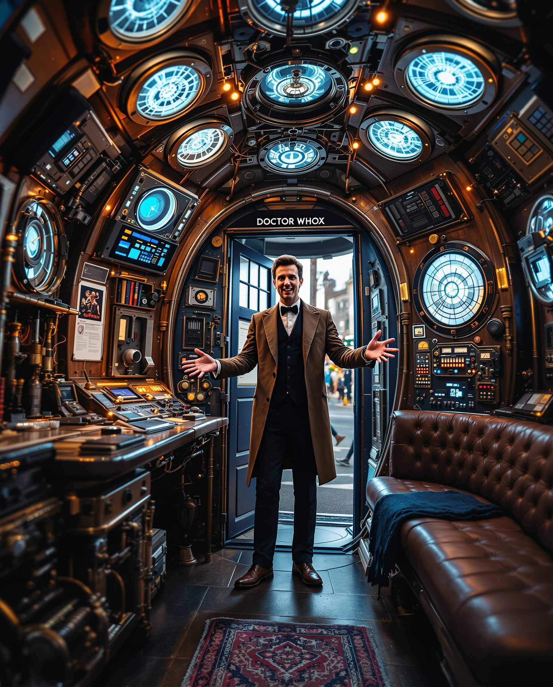 An **intricate interior** of the TARDIS from *Doctor Who*, with a **timeless, retro-futuristic aesthetic** reminiscent of the 1960s design with modern technological elements. The **lighting** should be **soft**, casting **warm, ambient glows** from various control panels, dials, and screens. **Textures** include **brushed metal** for the central console, **soft, worn leather** for the seats, and **vintage wood** for the walls, giving a **lived-in, yet otherworldly feel**. 

- **Visual Details**: 
  - **The central console** is a maze of **antique controls**, **steampunk levers**, and **futuristic screens**, all interconnected with **copper wiring** and **glowing tubes**.
  - **The roundels** on the walls emit a **gentle blue light**, suggesting a **mystical energy source**.
  - **Books, gadgets, and alien artifacts** are scattered around, indicating the Doctor's travels through time and space.
  
- **Composition**: 
  - **Doctor Who** stands slightly to the left, near the console, **facing the viewer** with a **welcoming, excited expression**, hands outstretched as if inviting us into adventure.
  - **Camera Angle**: A **low angle** shot from inside the TARDIS looking up towards the Doctor, emphasizing his **commanding yet approachable presence**.
  - **Framing**: The **TARDIS interior** fills the frame, with the door ajar behind the Doctor, hinting at the **exterior London street scene**.

- **Mood and Atmosphere**: 
  - **The atmosphere** is **intimate and mysterious**, with a **sense of endless possibilities** and **adventure**. 
  - **Time of Day**: Indeterminate, but the **lighting suggests early evening or dusk**, blending reality with the TARDIS's otherworldly environment.

- **Technical Aspects**: 
  - **Artistic Style**: Blend of **retro-futurism**, **Victorian steampunk**, and **modern sci-fi aesthetics**.
  - **Photography Technique**: Use **shallow depth of field** to focus on the Doctor while the intricate background details blur slightly, creating a **dreamlike quality**. 
  - **Color Palette**: **Muted blues, coppers, and soft whites** with **vibrant accents** from the controls and screens.

Matt Smith as the Doctor.