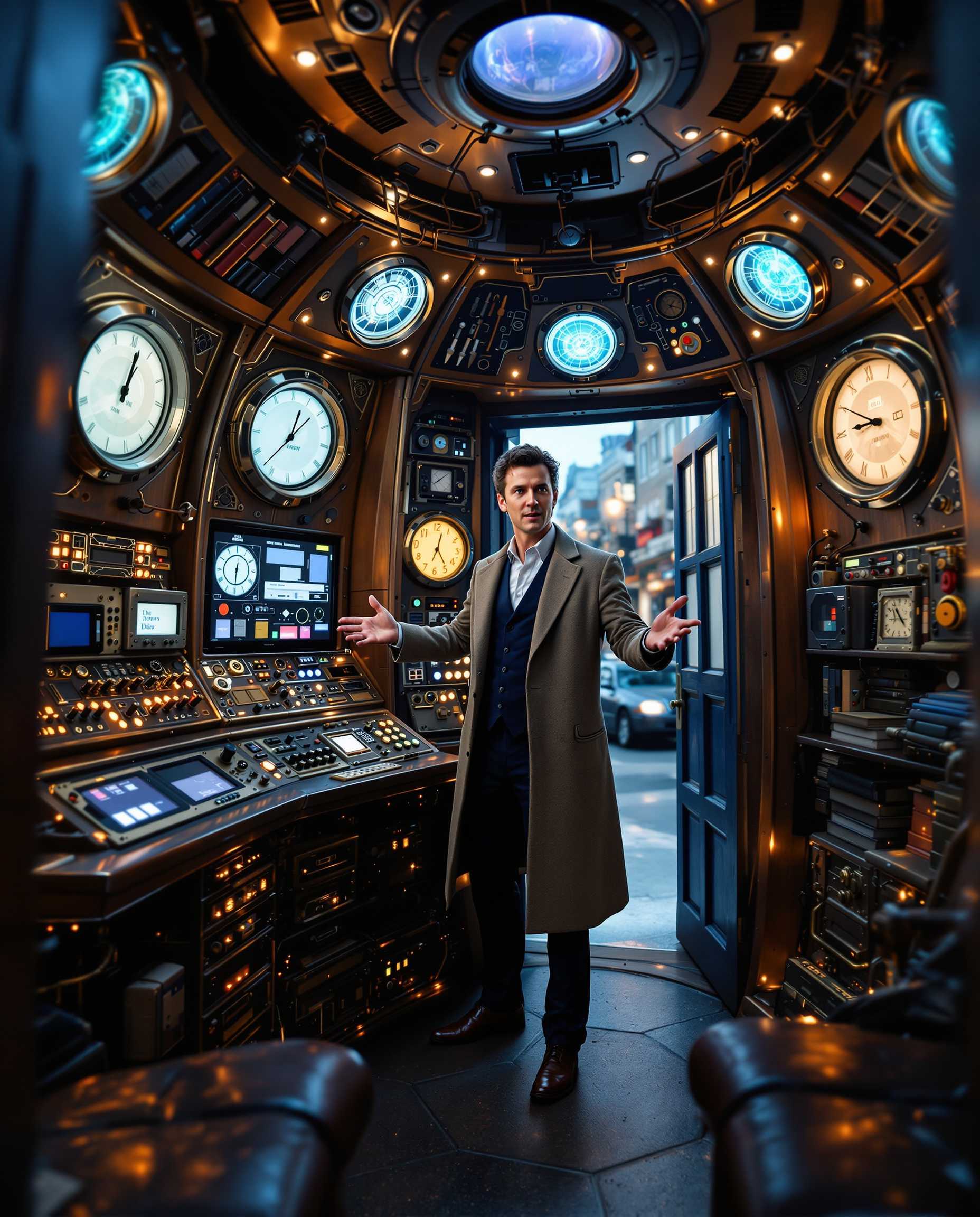 An **intricate interior** of the TARDIS from *Doctor Who*, with a **timeless, retro-futuristic aesthetic** reminiscent of the 1960s design with modern technological elements. The **lighting** should be **soft**, casting **warm, ambient glows** from various control panels, dials, and screens. **Textures** include **brushed metal** for the central console, **soft, worn leather** for the seats, and **vintage wood** for the walls, giving a **lived-in, yet otherworldly feel**. 

- **Visual Details**: 
  - **The central console** is a maze of **antique controls**, **steampunk levers**, and **futuristic screens**, all interconnected with **copper wiring** and **glowing tubes**.
  - **The roundels** on the walls emit a **gentle blue light**, suggesting a **mystical energy source**.
  - **Books, gadgets, and alien artifacts** are scattered around, indicating the Doctor's travels through time and space.
  
- **Composition**: 
  - **Doctor Who** stands slightly to the left, near the console, **facing the viewer** with a **welcoming, excited expression**, hands outstretched as if inviting us into adventure.
  - **Camera Angle**: A **low angle** shot from inside the TARDIS looking up towards the Doctor, emphasizing his **commanding yet approachable presence**.
  - **Framing**: The **TARDIS interior** fills the frame, with the door ajar behind the Doctor, hinting at the **exterior London street scene**.

- **Mood and Atmosphere**: 
  - **The atmosphere** is **intimate and mysterious**, with a **sense of endless possibilities** and **adventure**. 
  - **Time of Day**: Indeterminate, but the **lighting suggests early evening or dusk**, blending reality with the TARDIS's otherworldly environment.

- **Technical Aspects**: 
  - **Artistic Style**: Blend of **retro-futurism**, **Victorian steampunk**, and **modern sci-fi aesthetics**.
  - **Photography Technique**: Use **shallow depth of field** to focus on the Doctor while the intricate background details blur slightly, creating a **dreamlike quality**. 
  - **Color Palette**: **Muted blues, coppers, and soft whites** with **vibrant accents** from the controls and screens.

Matt Smith as the Doctor.