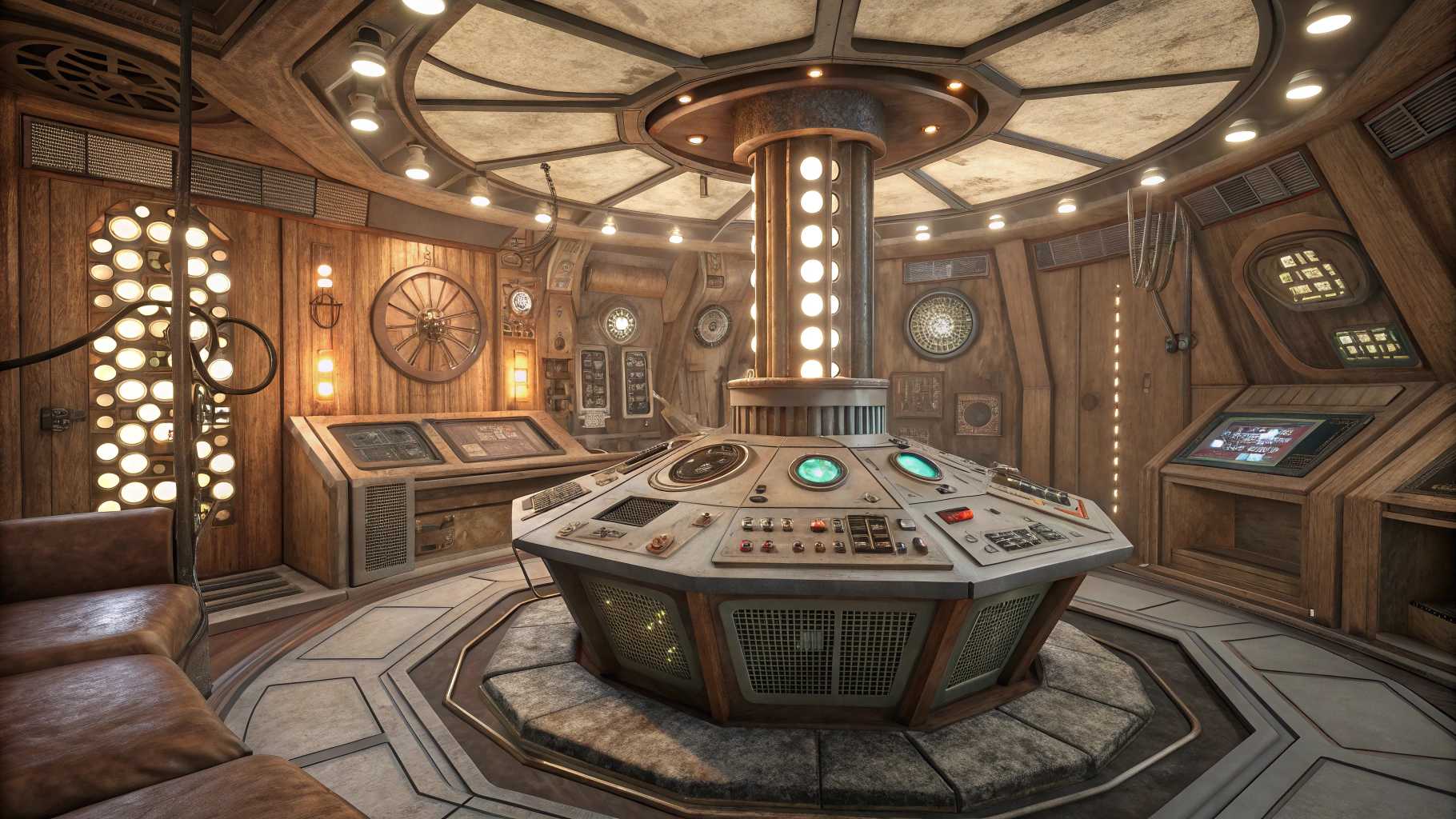 An **intricate interior** of the TARDIS from *Doctor Who*, with a **timeless, retro-futuristic aesthetic** reminiscent of the 1960s design with modern technological elements. The **lighting** should be **soft**, casting **warm, ambient glows** from various control panels, dials, and screens. **Textures** include **brushed metal** for the central console, **soft, worn leather** for the seats, and **vintage wood** for the walls, giving a **lived-in, yet otherworldly feel**. - **Visual Details**: - **The central console** is a maze of **antique controls**, **steampunk levers**, and **futuristic screens**, all interconnected with **copper wiring** and **glowing tubes**. - **The roundels** on the walls emit a **gentle blue light**, suggesting a **mystical energy source**. - **Books, gadgets, and alien artifacts** are scattered around, indicating the Doctor's travels through time and space. - **Composition**: - **Doctor Who** stands slightly to the left, near the console, **facing the viewer** with a **welcoming, excited expression**, hands outstretched as if inviting us into adventure. - **Camera Angle**: A **low angle** shot from inside the TARDIS looking up towards the Doctor, emphasizing his **commanding yet approachable presence**. - **Framing**: The **TARDIS interior** fills the frame, with the door ajar behind the Doctor, hinting at the **exterior London street scene**. - **Mood and Atmosphere**: - **The atmosphere** is **intimate and mysterious**, with a **sense of endless possibilities** and **adventure**. - **Time of Day**: Indeterminate, but the **lighting suggests early evening or dusk**, blending reality with the TARDIS's otherworldly environment. - **Technical Aspects**: - **Artistic Style**: Blend of **retro-futurism**, **Victorian steampunk**, and **modern sci-fi aesthetics**. - **Photography Technique**: Use **shallow depth of field** to focus on the Doctor while the intricate background details blur slightly, creating a **dreamlike quality**. - **Color Palette**: **Muted blues, coppers, and soft whites** with **vibrant accents** from the controls and screens. Matt Smith as the Doctor.