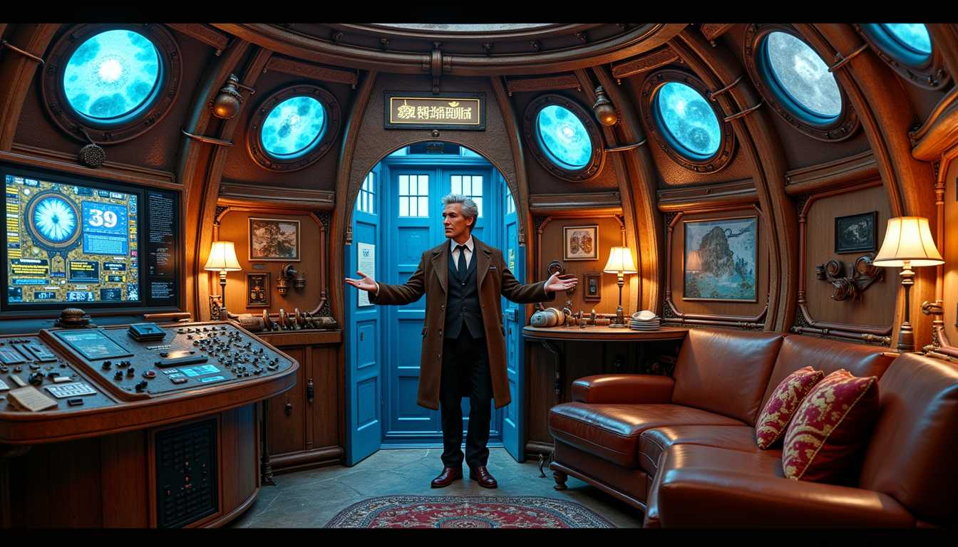 a photo of SH72, An **intricate interior** of the TARDIS from *Doctor Who*, with a **timeless, retro-futuristic aesthetic** reminiscent of the 1960s design with modern technological elements. The **lighting** should be **soft**, casting **warm, ambient glows** from various control panels, dials, and screens. **Textures** include **brushed metal** for the central console, **soft, worn leather** for the seats, and **vintage wood** for the walls, giving a **lived-in, yet otherworldly feel**. - **Visual Details**: - **The central console** is a maze of **antique controls**, **steampunk levers**, and **futuristic screens**, all interconnected with **copper wiring** and **glowing tubes**. - **The roundels** on the walls emit a **gentle blue light**, suggesting a **mystical energy source**. - **Books, gadgets, and alien artifacts** are scattered around, indicating the Doctor's travels through time and space. - **Composition**: - **Doctor Who** stands slightly to the left, near the console, **facing the viewer** with a **welcoming, excited expression**, hands outstretched as if inviting us into adventure. - **Camera Angle**: A **low angle** shot from inside the TARDIS looking up towards the Doctor, emphasizing his **commanding yet approachable presence**. - **Framing**: The **TARDIS interior** fills the frame, with the door ajar behind the Doctor, hinting at the **exterior London street scene**. - **Mood and Atmosphere**: - **The atmosphere** is **intimate and mysterious**, with a **sense of endless possibilities** and **adventure**. - **Time of Day**: Indeterminate, but the **lighting suggests early evening or dusk**, blending reality with the TARDIS's otherworldly environment. - **Technical Aspects**: - **Artistic Style**: Blend of **retro-futurism**, **Victorian steampunk**, and **modern sci-fi aesthetics**. - **Photography Technique**: Use **shallow depth of field** to focus on the Doctor while the intricate background details blur slightly, creating a **dreamlike quality**. - **Color Palette**: **Muted blues, coppers, and soft whites** with **vibrant accents** from the controls and screens. Salma Hayek as the Doctor.