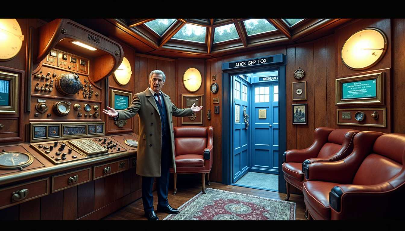 a photo of SH72, An **intricate interior** of the TARDIS from *Doctor Who*, with a **timeless, retro-futuristic aesthetic** reminiscent of the 1960s design with modern technological elements. The **lighting** should be **soft**, casting **warm, ambient glows** from various control panels, dials, and screens. **Textures** include **brushed metal** for the central console, **soft, worn leather** for the seats, and **vintage wood** for the walls, giving a **lived-in, yet otherworldly feel**. - **Visual Details**: - **The central console** is a maze of **antique controls**, **steampunk levers**, and **futuristic screens**, all interconnected with **copper wiring** and **glowing tubes**. - **The roundels** on the walls emit a **gentle blue light**, suggesting a **mystical energy source**. - **Books, gadgets, and alien artifacts** are scattered around, indicating the Doctor's travels through time and space. - **Composition**: - **Doctor Who** stands slightly to the left, near the console, **facing the viewer** with a **welcoming, excited expression**, hands outstretched as if inviting us into adventure. - **Camera Angle**: A **low angle** shot from inside the TARDIS looking up towards the Doctor, emphasizing his **commanding yet approachable presence**. - **Framing**: The **TARDIS interior** fills the frame, with the door ajar behind the Doctor, hinting at the **exterior London street scene**. - **Mood and Atmosphere**: - **The atmosphere** is **intimate and mysterious**, with a **sense of endless possibilities** and **adventure**. - **Time of Day**: Indeterminate, but the **lighting suggests early evening or dusk**, blending reality with the TARDIS's otherworldly environment. - **Technical Aspects**: - **Artistic Style**: Blend of **retro-futurism**, **Victorian steampunk**, and **modern sci-fi aesthetics**. - **Photography Technique**: Use **shallow depth of field** to focus on the Doctor while the intricate background details blur slightly, creating a **dreamlike quality**. - **Color Palette**: **Muted blues, coppers, and soft whites** with **vibrant accents** from the controls and screens. Salma Hayek as the Doctor.