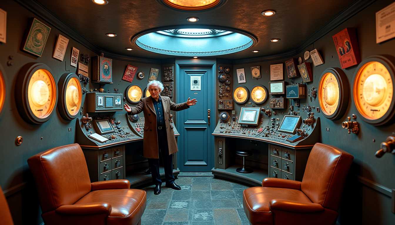 a photo of SH72, An **intricate interior** of the TARDIS from *Doctor Who*, with a **timeless, retro-futuristic aesthetic** reminiscent of the 1960s design with modern technological elements. The **lighting** should be **soft**, casting **warm, ambient glows** from various control panels, dials, and screens. **Textures** include **brushed metal** for the central console, **soft, worn leather** for the seats, and **vintage wood** for the walls, giving a **lived-in, yet otherworldly feel**. - **Visual Details**: - **The central console** is a maze of **antique controls**, **steampunk levers**, and **futuristic screens**, all interconnected with **copper wiring** and **glowing tubes**. - **The roundels** on the walls emit a **gentle blue light**, suggesting a **mystical energy source**. - **Books, gadgets, and alien artifacts** are scattered around, indicating the Doctor's travels through time and space. - **Composition**: - **Doctor Who** stands slightly to the left, near the console, **facing the viewer** with a **welcoming, excited expression**, hands outstretched as if inviting us into adventure. - **Camera Angle**: A **low angle** shot from inside the TARDIS looking up towards the Doctor, emphasizing his **commanding yet approachable presence**. - **Framing**: The **TARDIS interior** fills the frame, with the door ajar behind the Doctor, hinting at the **exterior London street scene**. - **Mood and Atmosphere**: - **The atmosphere** is **intimate and mysterious**, with a **sense of endless possibilities** and **adventure**. - **Time of Day**: Indeterminate, but the **lighting suggests early evening or dusk**, blending reality with the TARDIS's otherworldly environment. - **Technical Aspects**: - **Artistic Style**: Blend of **retro-futurism**, **Victorian steampunk**, and **modern sci-fi aesthetics**. - **Photography Technique**: Use **shallow depth of field** to focus on the Doctor while the intricate background details blur slightly, creating a **dreamlike quality**. - **Color Palette**: **Muted blues, coppers, and soft whites** with **vibrant accents** from the controls and screens. Salma Hayek as the Doctor.