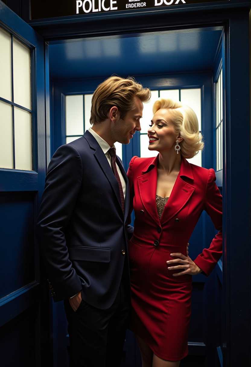 Doctor Who "Matt Smith" and Marilyn Monroe are inside the Tardis.