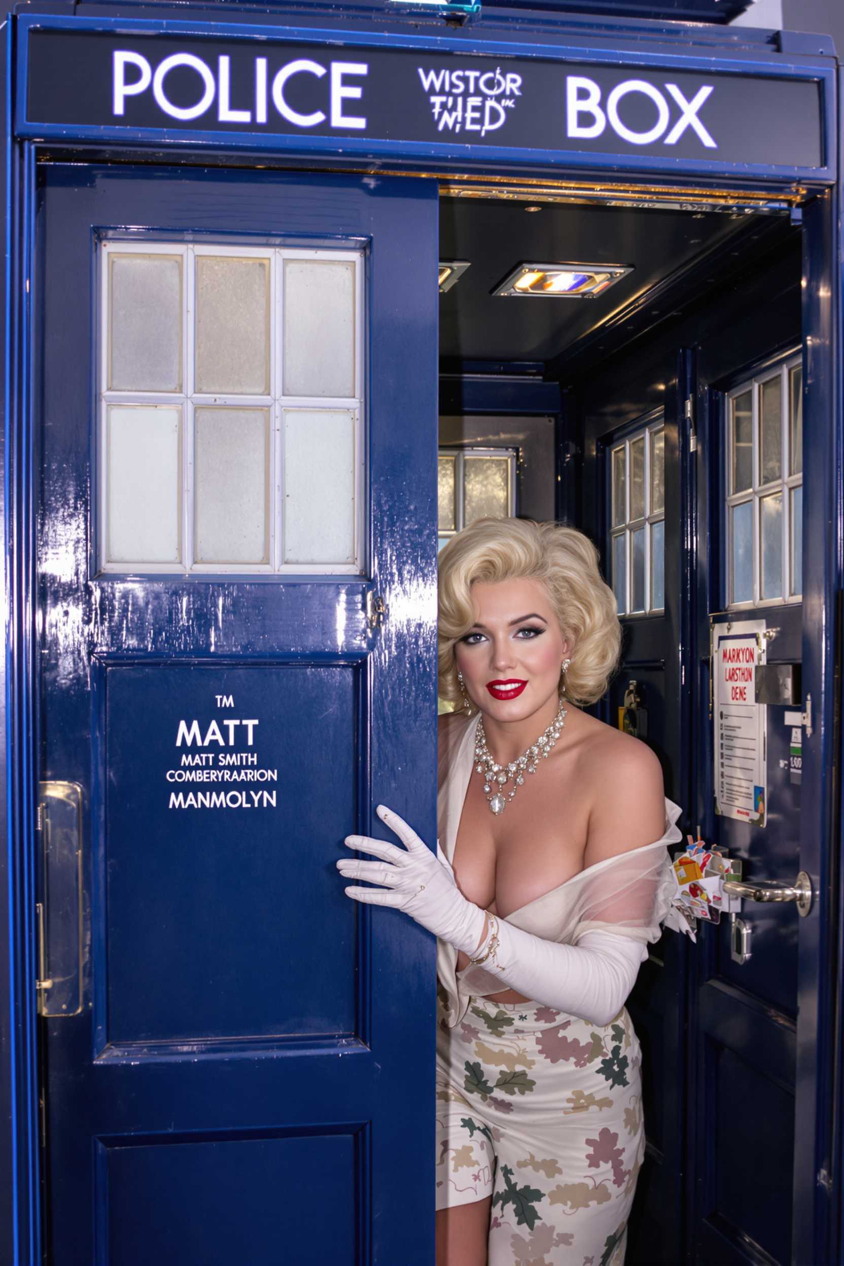 Doctor Who "Matt Smith" and Marilyn Monroe are inside the Tardis.