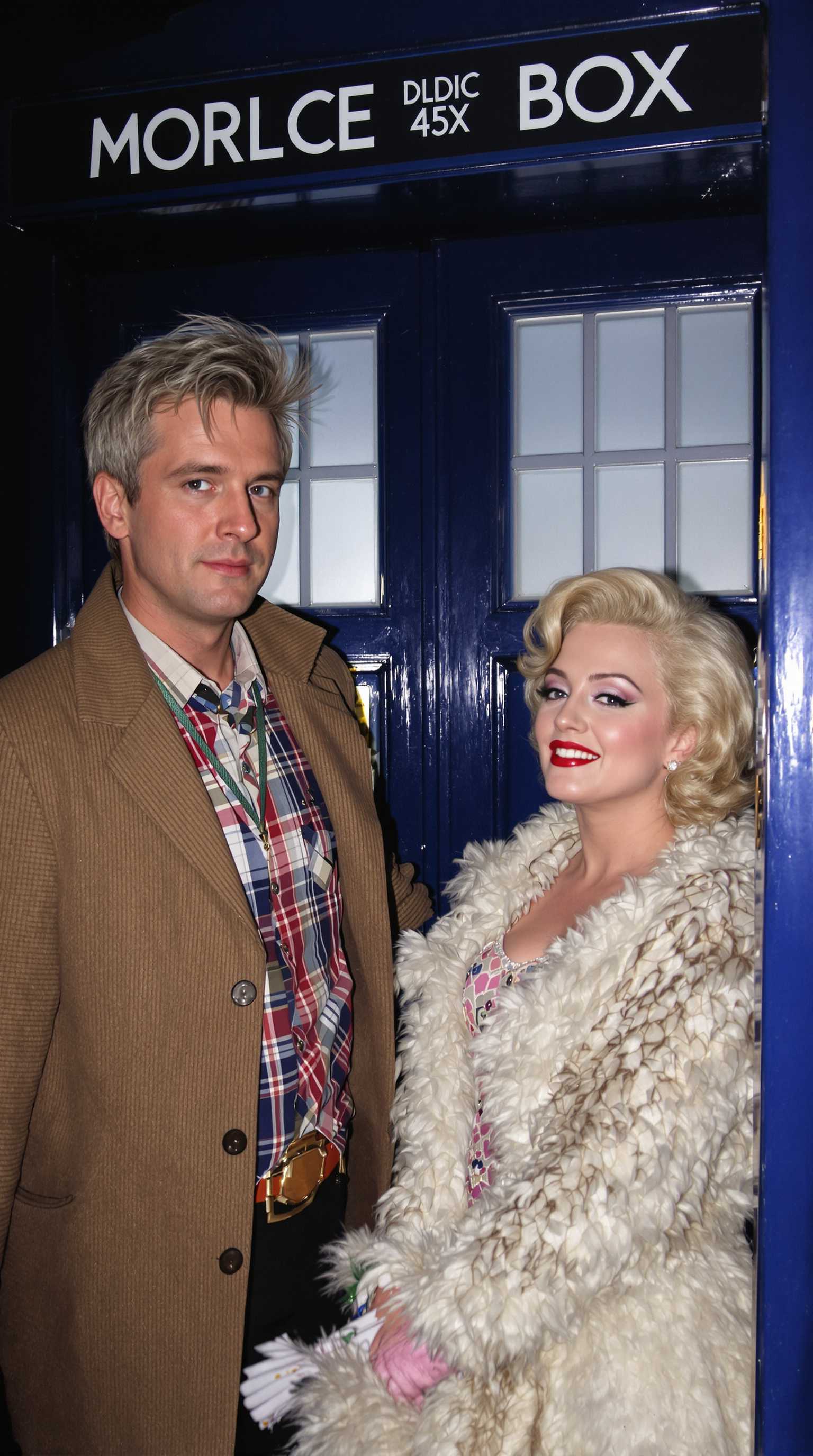 Doctor Who "Matt Smith" and Marilyn Monroe are inside the Tardis.