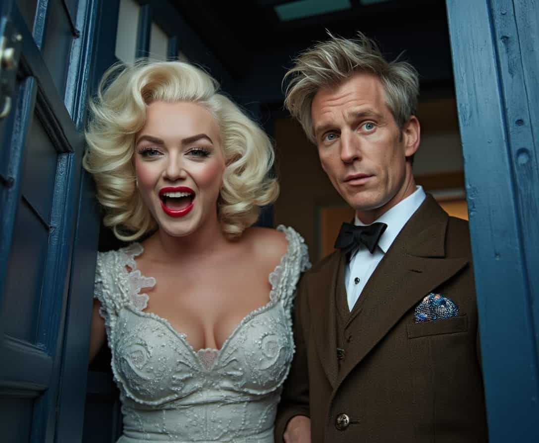 Doctor Who "Matt Smith" and Marilyn Monroe are inside the Tardis.