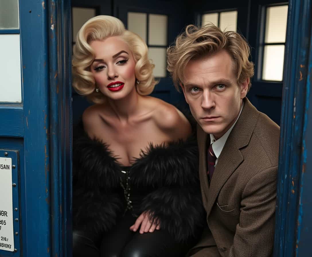 Doctor Who "Matt Smith" and Marilyn Monroe are inside the Tardis.