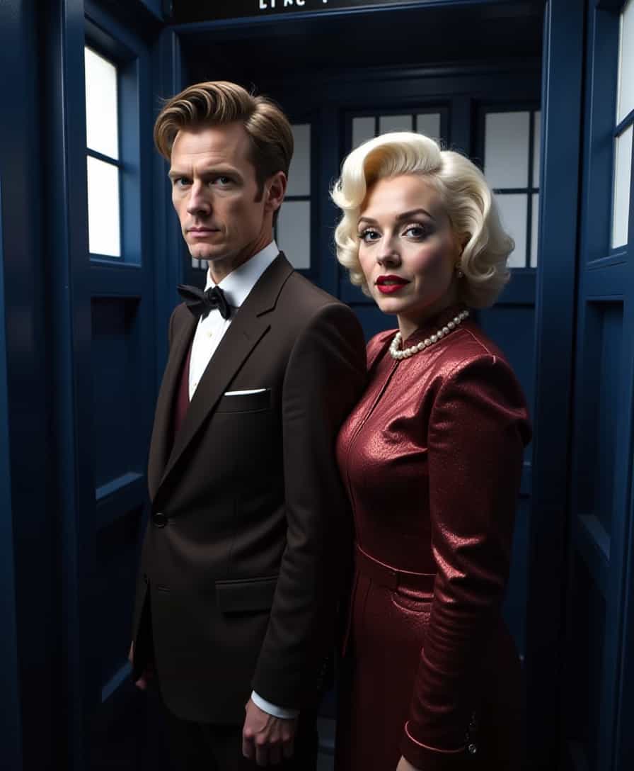 Doctor Who "Matt Smith" and Marilyn Monroe are inside the Tardis.