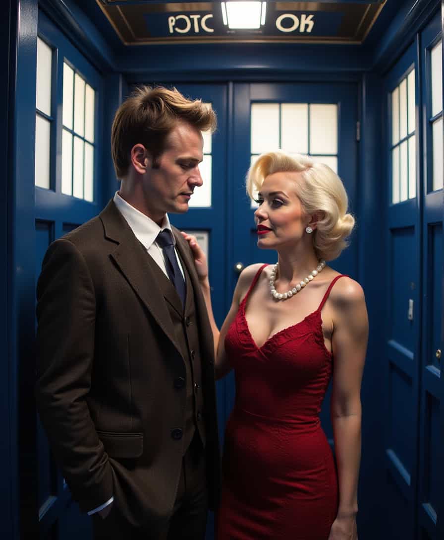 Doctor Who "Matt Smith" and Marilyn Monroe are inside the Tardis.