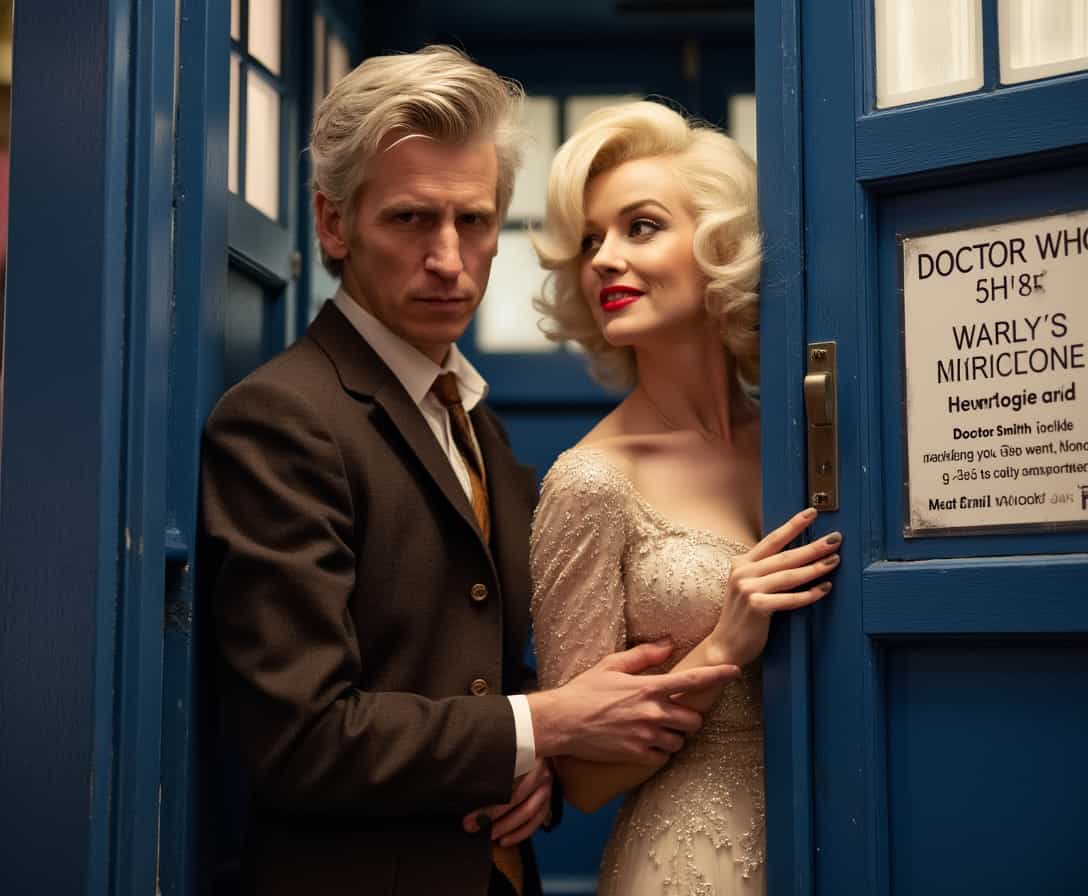 Doctor Who "Matt Smith" and Marilyn Monroe are inside the Tardis.
