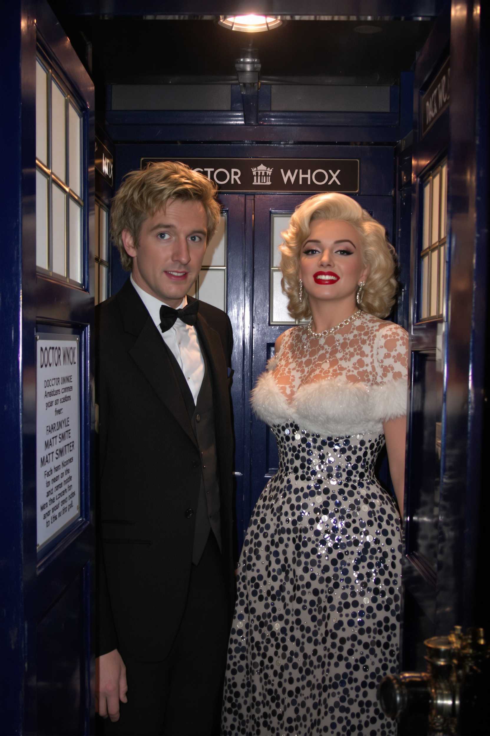 a photo of Marilyn Monroe, Doctor Who "Matt Smith" and Marilyn Monroe are inside the Tardis.