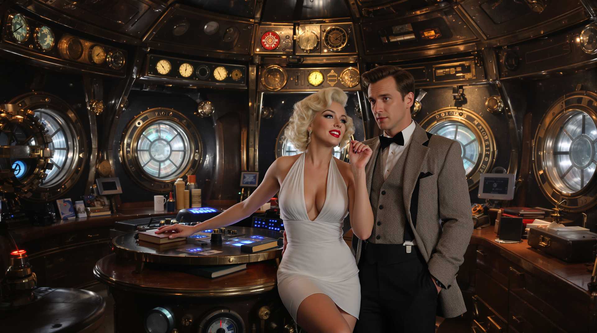 Create a high-resolution digital image showcasing an imaginative scene within the iconic interior of the Tardis, the time machine from Doctor Who:

- **Subjects**: 
  - Marilyn Monroe, styled in her classic 1950s glamour, wearing a white halter neck dress, her platinum blonde hair styled in soft curls, and her makeup accentuating her eyes and lips. She exudes a playful yet sophisticated demeanor.
  - Matt Smith as the Eleventh Doctor, sporting his signature tweed jacket, bow tie, and suspenders, with a look of intrigue and delight on his face.

- **Setting**: The interior of the Tardis, characterized by its steampunk aesthetic, with roundels on the walls, a central console with various controls and a time rotor pulsating with blue light. The environment is filled with an array of gadgets, books, and oddities, suggesting the Doctor's travels through time and space.

- **Visual Details**:
  - Lighting: A mix of soft, ambient light from the Tardis console and the warm glow from overhead lighting, creating a cozy yet otherworldly atmosphere. Shadows dance around the room, adding depth and mystery.
  - Textures: The Tardis interior boasts metallic surfaces with aged patina, worn leather seats, and the occasional spark of electricity from the controls. Marilyn's dress has a subtle sheen, contrasting with the matte and rustic textures of the Tardis.
  - Colors: The palette includes the Tardis's signature blue, complemented by the vibrant colors of Marilyn's dress, and the more muted, earthy tones of the Doctor's attire, creating a harmonious yet striking contrast.

- **Composition**: 
  - The camera angle is slightly low, looking up at the characters, emphasizing their larger-than-life presence within the Tardis. Marilyn and the Doctor are positioned near the console, engaging in a light-hearted conversation or interaction. 
  - Marilyn could be leaning against one of the control panels, her pose casual yet poised, while the Doctor might be in mid-motion, adjusting a control or looking at a gadget with fascination.

- **Mood and Atmosphere**: 
  - The scene captures a moment of unexpected camaraderie, blending the timeless allure of Marilyn Monroe with the timeless adventure of Doctor Who. There's a sense of magic, wonder, and the impossible becoming possible. The atmosphere is playful, with an undercurrent of the surreal, as if time and reality are momentarily suspended within the Tardis.

- **Technical Aspects**: 
  - Utilize techniques like depth of field to focus on Marilyn