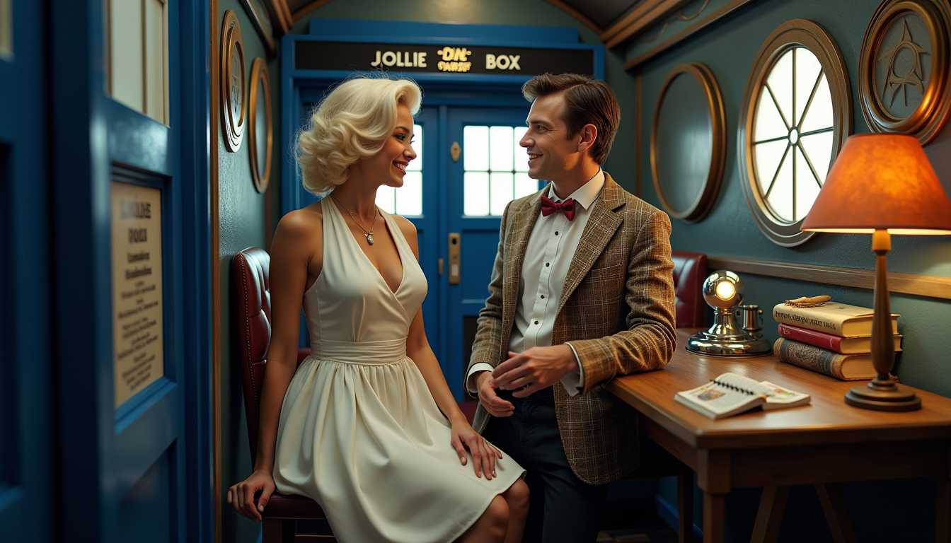 Create a high-resolution digital image showcasing an imaginative scene within the iconic interior of the Tardis, the time machine from Doctor Who:

- **Subjects**: 
  - Marilyn Monroe, styled in her classic 1950s glamour, wearing a white halter neck dress, her platinum blonde hair styled in soft curls, and her makeup accentuating her eyes and lips. She exudes a playful yet sophisticated demeanor.
  - Matt Smith as the Eleventh Doctor, sporting his signature tweed jacket, bow tie, and suspenders, with a look of intrigue and delight on his face.

- **Setting**: The interior of the Tardis, characterized by its steampunk aesthetic, with roundels on the walls, a central console with various controls and a time rotor pulsating with blue light. The environment is filled with an array of gadgets, books, and oddities, suggesting the Doctor's travels through time and space.

- **Visual Details**:
  - Lighting: A mix of soft, ambient light from the Tardis console and the warm glow from overhead lighting, creating a cozy yet otherworldly atmosphere. Shadows dance around the room, adding depth and mystery.
  - Textures: The Tardis interior boasts metallic surfaces with aged patina, worn leather seats, and the occasional spark of electricity from the controls. Marilyn's dress has a subtle sheen, contrasting with the matte and rustic textures of the Tardis.
  - Colors: The palette includes the Tardis's signature blue, complemented by the vibrant colors of Marilyn's dress, and the more muted, earthy tones of the Doctor's attire, creating a harmonious yet striking contrast.

- **Composition**: 
  - The camera angle is slightly low, looking up at the characters, emphasizing their larger-than-life presence within the Tardis. Marilyn and the Doctor are positioned near the console, engaging in a light-hearted conversation or interaction. 
  - Marilyn could be leaning against one of the control panels, her pose casual yet poised, while the Doctor might be in mid-motion, adjusting a control or looking at a gadget with fascination.

- **Mood and Atmosphere**: 
  - The scene captures a moment of unexpected camaraderie, blending the timeless allure of Marilyn Monroe with the timeless adventure of Doctor Who. There's a sense of magic, wonder, and the impossible becoming possible. The atmosphere is playful, with an undercurrent of the surreal, as if time and reality are momentarily suspended within the Tardis.

- **Technical Aspects**: 
  - Utilize techniques like depth of field to focus on Marilyn