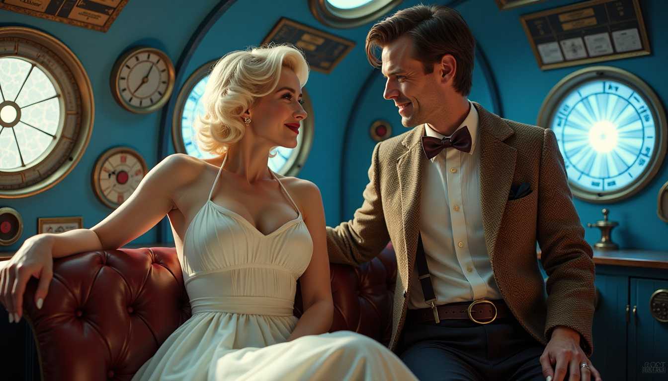 Create a high-resolution digital image showcasing an imaginative scene within the iconic interior of the Tardis, the time machine from Doctor Who:

- **Subjects**: 
  - Marilyn Monroe, styled in her classic 1950s glamour, wearing a white halter neck dress, her platinum blonde hair styled in soft curls, and her makeup accentuating her eyes and lips. She exudes a playful yet sophisticated demeanor.
  - Matt Smith as the Eleventh Doctor, sporting his signature tweed jacket, bow tie, and suspenders, with a look of intrigue and delight on his face.

- **Setting**: The interior of the Tardis, characterized by its steampunk aesthetic, with roundels on the walls, a central console with various controls and a time rotor pulsating with blue light. The environment is filled with an array of gadgets, books, and oddities, suggesting the Doctor's travels through time and space.

- **Visual Details**:
  - Lighting: A mix of soft, ambient light from the Tardis console and the warm glow from overhead lighting, creating a cozy yet otherworldly atmosphere. Shadows dance around the room, adding depth and mystery.
  - Textures: The Tardis interior boasts metallic surfaces with aged patina, worn leather seats, and the occasional spark of electricity from the controls. Marilyn's dress has a subtle sheen, contrasting with the matte and rustic textures of the Tardis.
  - Colors: The palette includes the Tardis's signature blue, complemented by the vibrant colors of Marilyn's dress, and the more muted, earthy tones of the Doctor's attire, creating a harmonious yet striking contrast.

- **Composition**: 
  - The camera angle is slightly low, looking up at the characters, emphasizing their larger-than-life presence within the Tardis. Marilyn and the Doctor are positioned near the console, engaging in a light-hearted conversation or interaction. 
  - Marilyn could be leaning against one of the control panels, her pose casual yet poised, while the Doctor might be in mid-motion, adjusting a control or looking at a gadget with fascination.

- **Mood and Atmosphere**: 
  - The scene captures a moment of unexpected camaraderie, blending the timeless allure of Marilyn Monroe with the timeless adventure of Doctor Who. There's a sense of magic, wonder, and the impossible becoming possible. The atmosphere is playful, with an undercurrent of the surreal, as if time and reality are momentarily suspended within the Tardis.

- **Technical Aspects**: 
  - Utilize techniques like depth of field to focus on Marilyn