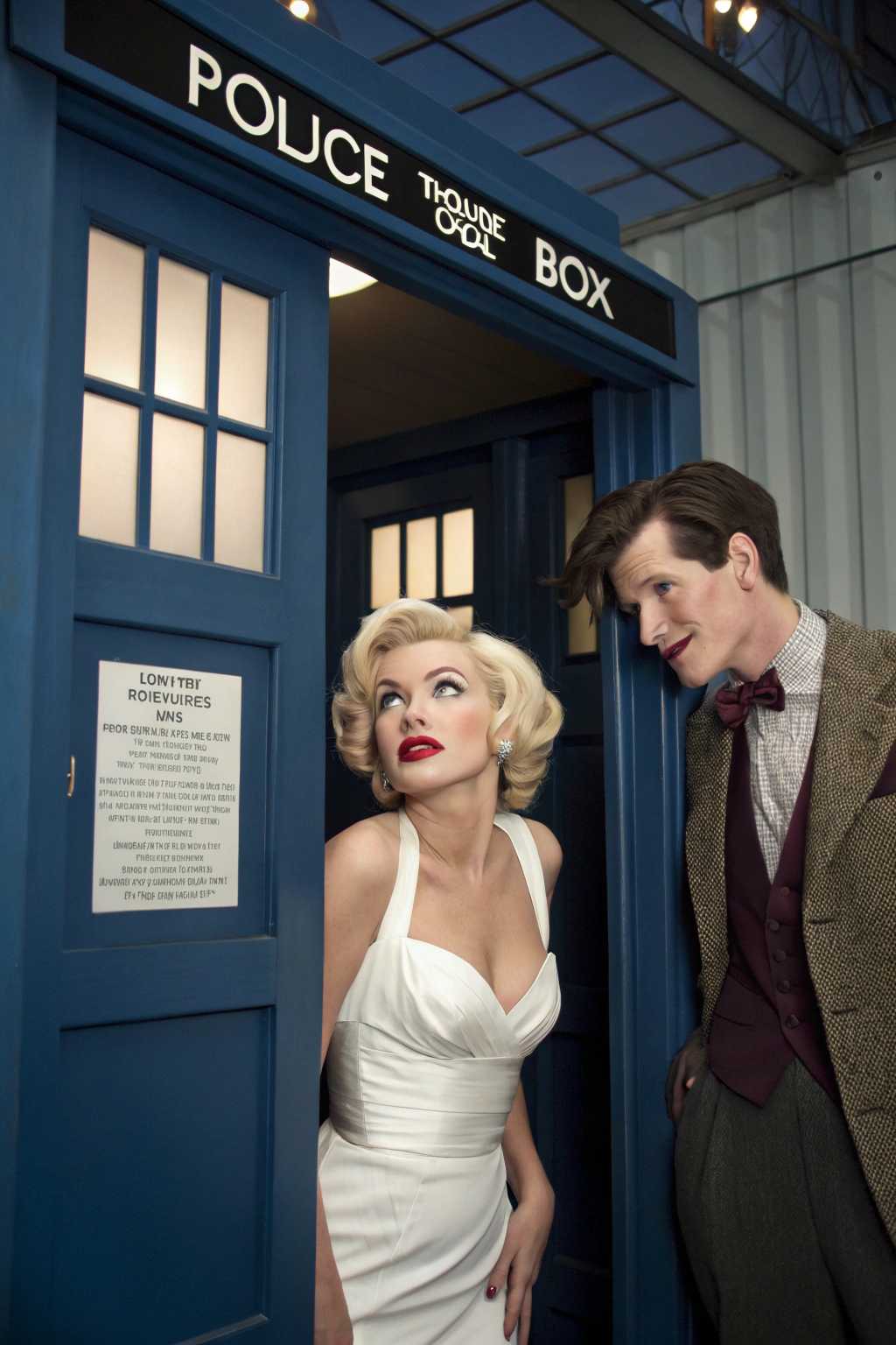 Create a high-resolution digital image showcasing an imaginative scene within the iconic interior of the Tardis, the time machine from Doctor Who:

- **Subjects**: 
  - Marilyn Monroe, styled in her classic 1950s glamour, wearing a white halter neck dress, her platinum blonde hair styled in soft curls, and her makeup accentuating her eyes and lips. She exudes a playful yet sophisticated demeanor.
  - Matt Smith as the Eleventh Doctor, sporting his signature tweed jacket, bow tie, and suspenders, with a look of intrigue and delight on his face.

- **Setting**: The interior of the Tardis, characterized by its steampunk aesthetic, with roundels on the walls, a central console with various controls and a time rotor pulsating with blue light. The environment is filled with an array of gadgets, books, and oddities, suggesting the Doctor's travels through time and space.

- **Visual Details**:
  - Lighting: A mix of soft, ambient light from the Tardis console and the warm glow from overhead lighting, creating a cozy yet otherworldly atmosphere. Shadows dance around the room, adding depth and mystery.
  - Textures: The Tardis interior boasts metallic surfaces with aged patina, worn leather seats, and the occasional spark of electricity from the controls. Marilyn's dress has a subtle sheen, contrasting with the matte and rustic textures of the Tardis.
  - Colors: The palette includes the Tardis's signature blue, complemented by the vibrant colors of Marilyn's dress, and the more muted, earthy tones of the Doctor's attire, creating a harmonious yet striking contrast.

- **Composition**: 
  - The camera angle is slightly low, looking up at the characters, emphasizing their larger-than-life presence within the Tardis. Marilyn and the Doctor are positioned near the console, engaging in a light-hearted conversation or interaction. 
  - Marilyn could be leaning against one of the control panels, her pose casual yet poised, while the Doctor might be in mid-motion, adjusting a control or looking at a gadget with fascination.

- **Mood and Atmosphere**: 
  - The scene captures a moment of unexpected camaraderie, blending the timeless allure of Marilyn Monroe with the timeless adventure of Doctor Who. There's a sense of magic, wonder, and the impossible becoming possible. The atmosphere is playful, with an undercurrent of the surreal, as if time and reality are momentarily suspended within the Tardis.

- **Technical Aspects**: 
  - Utilize techniques like depth of field to focus on Marilyn