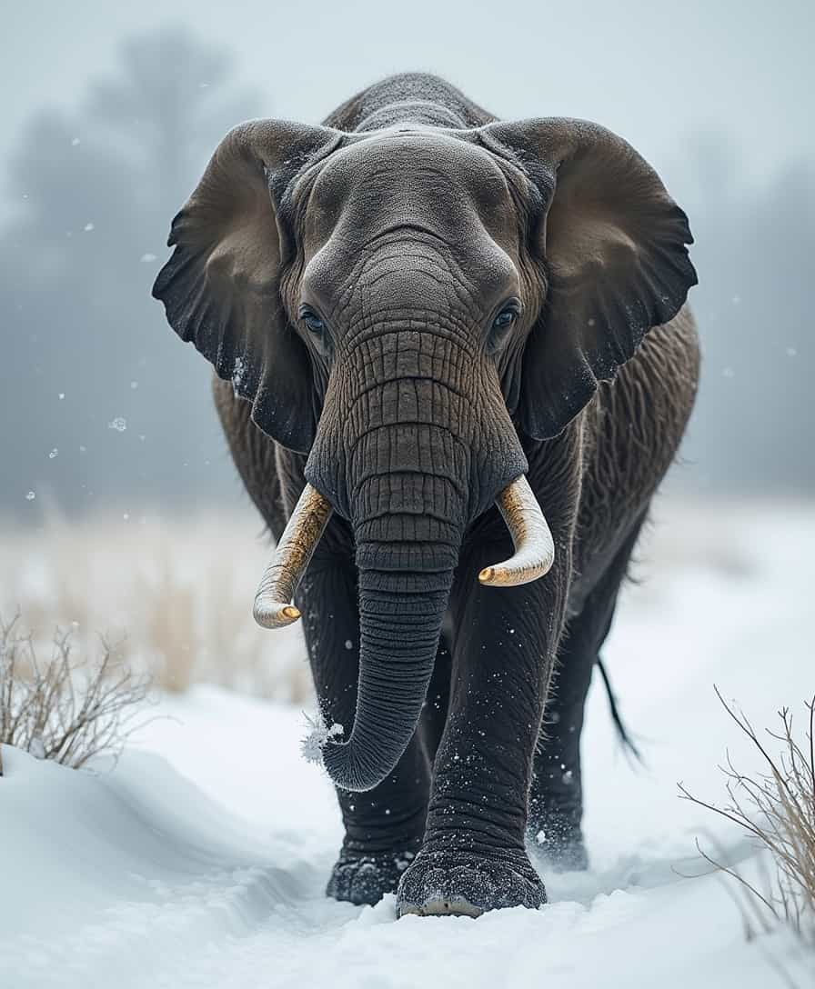 professional photography of wild tusker walking forward, front view, across a snowy field. Its flowing mane catches the frosty air, frozen crystals, exuding an icy brilliance.