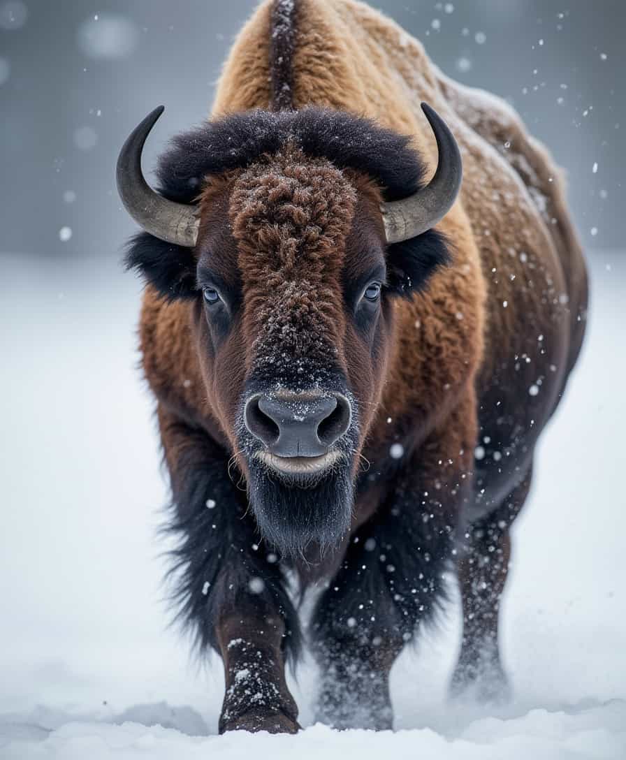 professional photography of wild bison walking forward, front view, across a snowy field. Its flowing mane catches the frosty air, frozen crystals, exuding an icy brilliance.