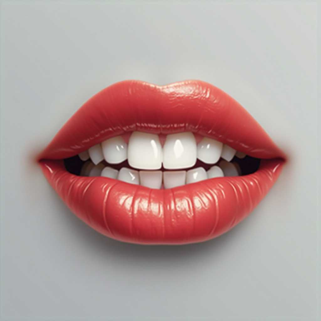 Realistic illustration of red lips with white teeth, frontal view, solid gray background, simple and minimalist style, high resolution, 30k detail. 