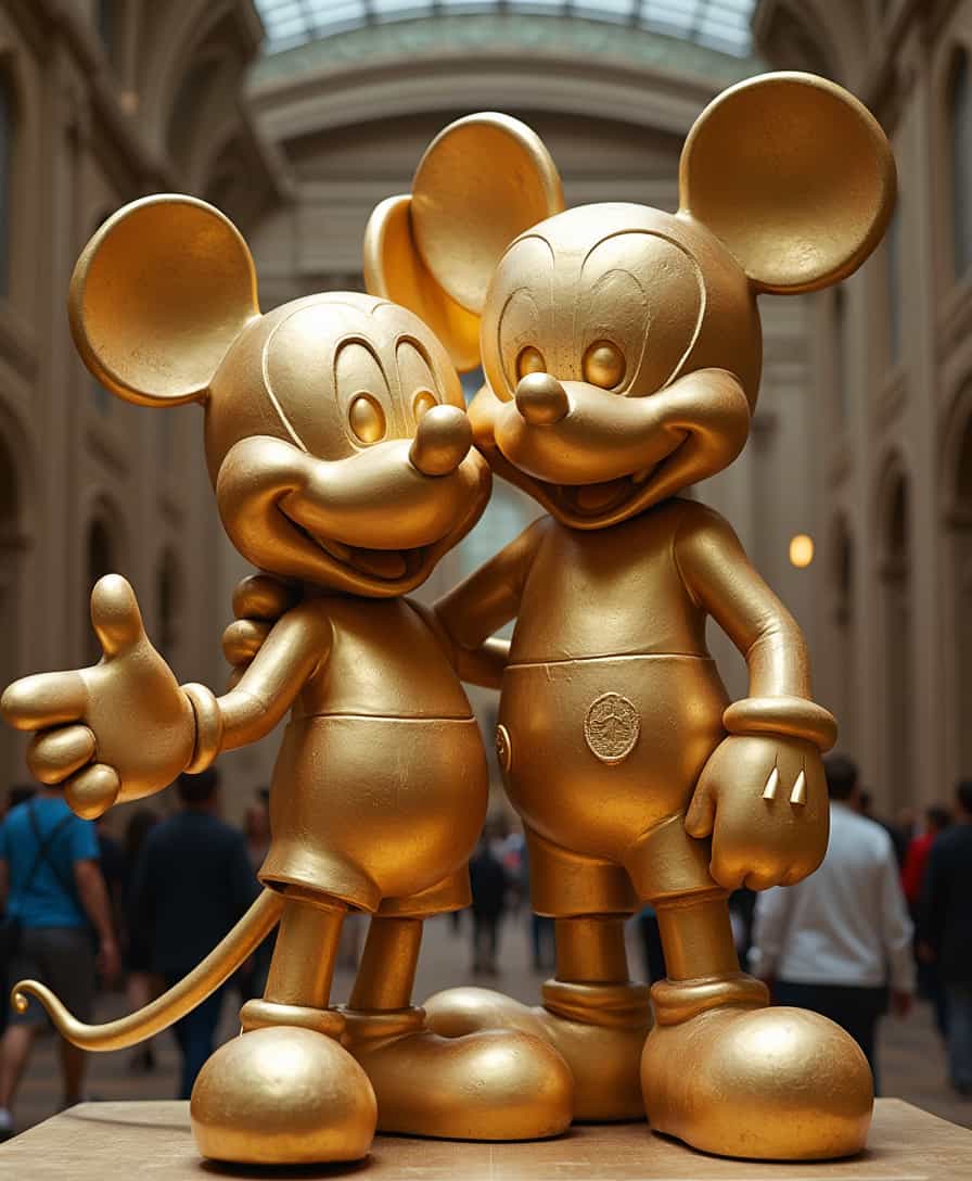 close up photo of full-size golden sculpture Mickey Mouse with Kaws at Louvre 