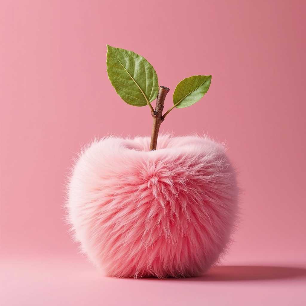creative apple made of pink fluffy fur on pink background 