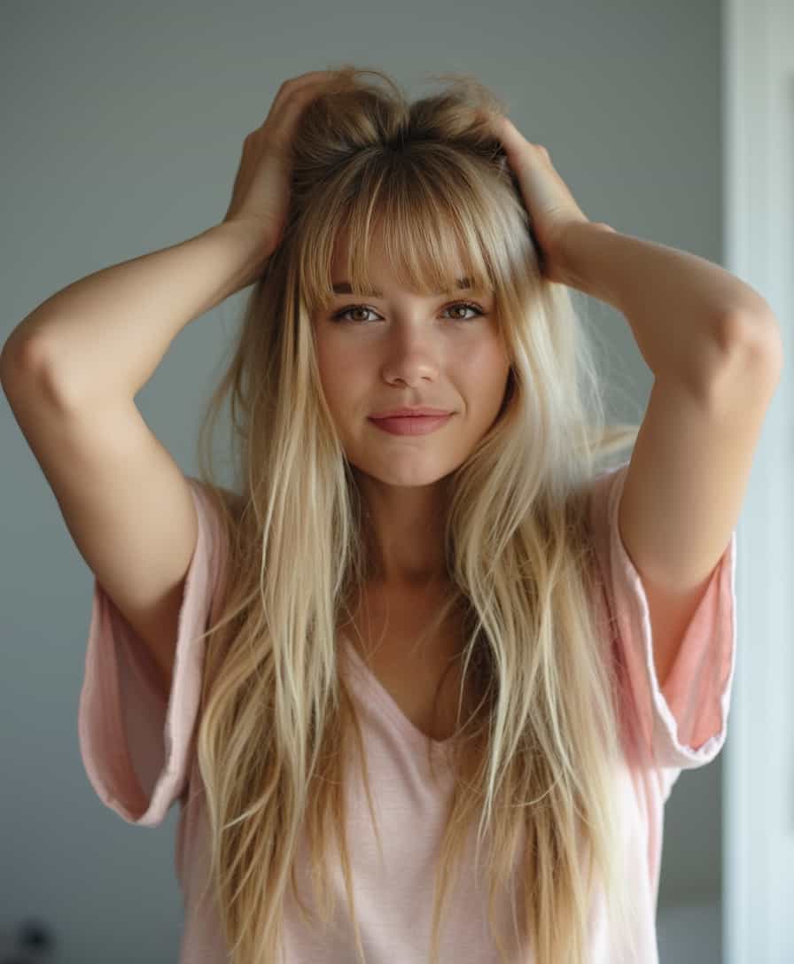 The image shows a young woman, possibly in her late teens or early twenties, with long blonde hair and bangs. She appears to be alone in a brightly lit room with a plain background. The woman is the focus of the image, in the foreground, wearing a light pink pajama top. The woman seems to be of Caucasian race, with a potentially upper-middle-class income, possibly between $50,000 and $100,000 per year. Her religious beliefs and political affiliations are difficult to ascertain from just an image. She appears calm and content, possibly slightly playful, in the image. Her clothing suggests a relaxed and comfortable demeanor, although her makeup is rather precise and suggests an interest in beauty and style. Some potential interests include fashion, makeup, and photography, and, potentially, online gaming or social media, shopping, and excessive screen time. She seems serene and stylish, radiating an aura of quiet confidence. We can target her with beauty products, luxury items and subscription boxes, such as Sephora collections, Glossier skincare, and Stitch Fix styling services, and other similar premium goods. with both hands on her head gathering her hair 