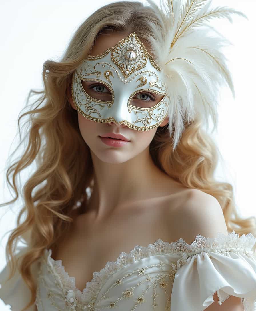**Subject**: A young woman with flowing, voluminous blonde hair, styled in soft waves, cascading around her shoulders.

**Mask**: She wears an ornate Opera carnival masquerade mask. The mask is made of white porcelain, adorned with intricate gold filigree and embellished with iridescent feathers and tiny pearls. The mask covers her eyes and the upper part of her face, leaving her lips visible.

**Costume**: Her attire is elegant and theatrical, reminiscent of a Baroque opera costume. She's wearing a dress with a corseted bodice, full skirt, and lace detailing. The fabric is rich silk in a pale, opalescent color, complementing the mask's white and gold theme.

**Setting**: Isolated on a seamless white background to emphasize the subject and her costume, creating a studio portrait effect.

**Lighting**: Soft, diffused lighting to highlight the texture of her hair, the luster of the mask, and the delicate details of her costume. The light should wrap around her, casting gentle shadows that enhance the three-dimensionality of her features.

**Photography Style**: High-resolution, studio photography with a focus on detail and clarity. Use a shallow depth of field to blur the background slightly, keeping the focus sharply on the subject.

**Mood and Atmosphere**: Elegant, mysterious, and theatrical, evoking the grandeur and opulence of an 18th-century masquerade ball.

**Technical Aspects**: Capture in RAW format for maximum detail retention, using a macro lens or a lens with excellent close-up capabilities. Employ a tripod for stability and ensure the white balance is set to daylight or tungsten to accurately represent the colors of the costume and mask.