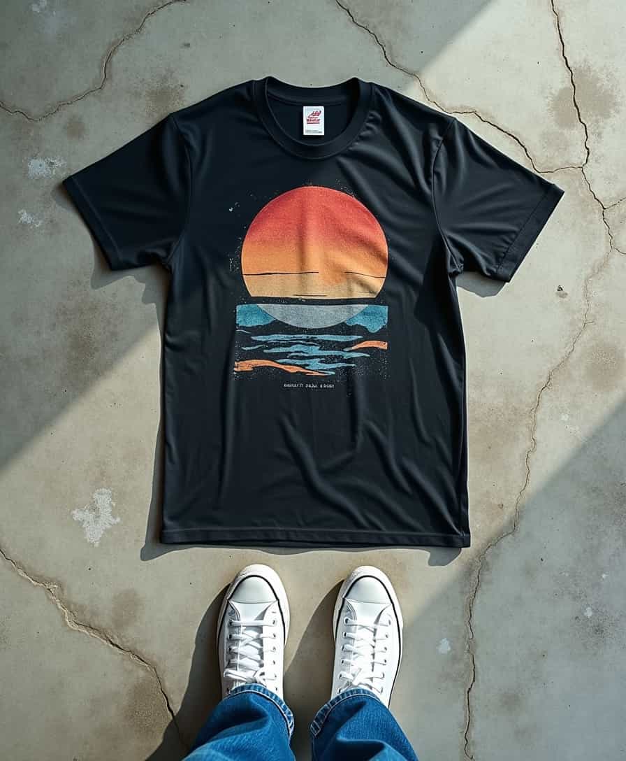 Top-down photograph showcasing a **vintage black t-shirt** with **distressed textures** and **faded print** laid out on a **weathered, grey concrete floor** with visible **cracks** and **stains**. The **composition** features the **t-shirt** centered, surrounded by the **edges of the concrete** to frame it. In the lower part of the frame, **the photographer's feet** are visible, adorned in **1970s style flared jeans** in a **vibrant blue**, paired with **clean, white sneakers**. The **lighting** is **natural**, casting **soft shadows** and highlights that accentuate the **texture of the concrete** and **creases** in the jeans. The **mood** is **casual** and **nostalgic**, evoking a **retro atmosphere** with **subtle**, **early morning light**. The **style** of the photograph should mimic a **70s Polaroid**, with **saturated colors**, **grain**, and **vignetting** to enhance the **vintage aesthetic**.