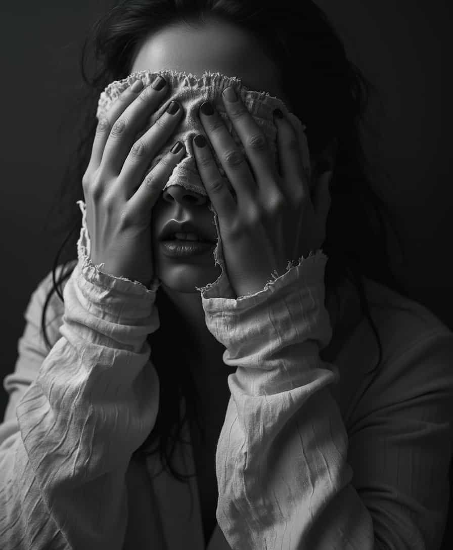 A horror scene close up of a woman with cloth over her eyes, dark background , black and white , ultra realistic texture, cinematic lighting, 