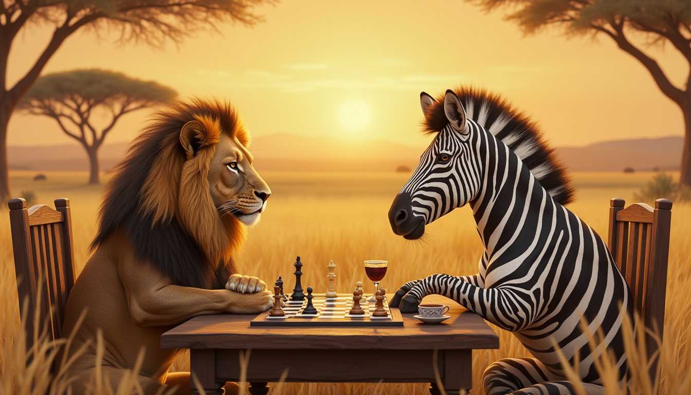 A majestic and whimsical scene of a lion and a zebra sitting at a sturdy wooden table in the middle of a serene savanna, playing a game of chess. The lion exudes calm confidence as it carefully plans its next move, while the zebra appears thoughtful and deeply focused. The chessboard features intricate, detailed pieces, with the backdrop of golden grasslands, acacia trees, and a warm sunset sky. The atmosphere is playful yet regal, with subtle details like a cup of tea for the zebra and a goblet for the lion, adding personality and charm. Hyper-realistic, vibrant colors, and expressive characters