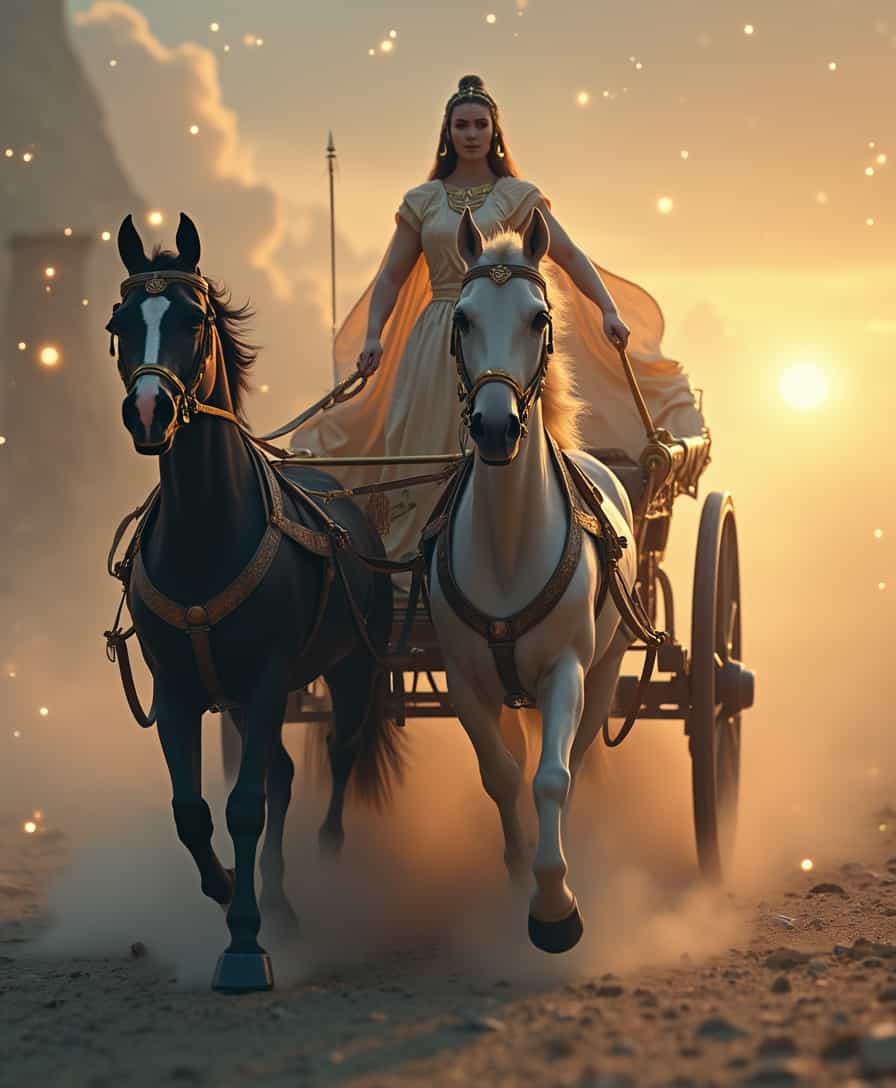 A majestic chariot seen from the front, guided by two powerful horses--one black and one white--moving in harmony. The charioteer, dressed in flowing robes with golden accents, holds the reins firmly, exuding confidence and control. The background features a dreamy sunrise with soft, warm lighting and hints of celestial energy, blending ancient mysticism with natural beauty. The horses are adorned with intricate harnesses, symbolizing balance and determination. 