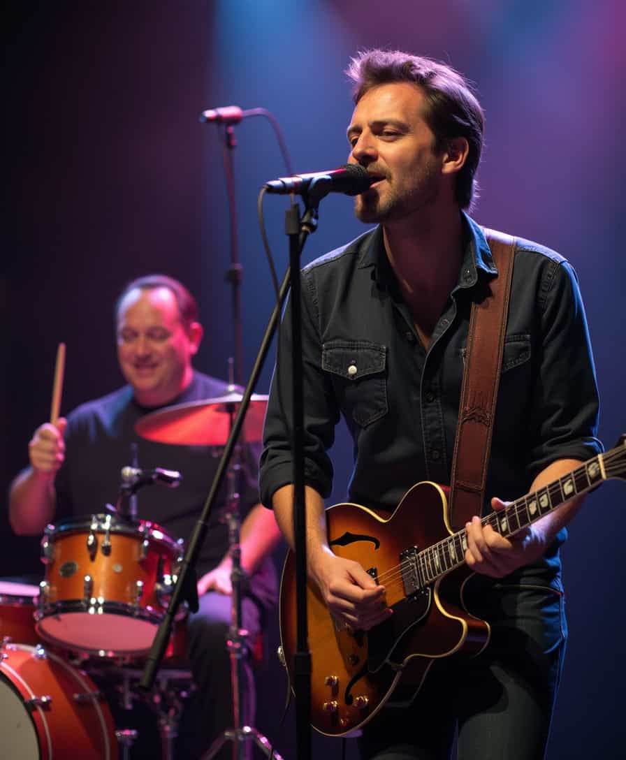 Here is the image you requested, capturing the essence of a country rock band with the drummer in an intense moment and the stunning lead singer in focus.