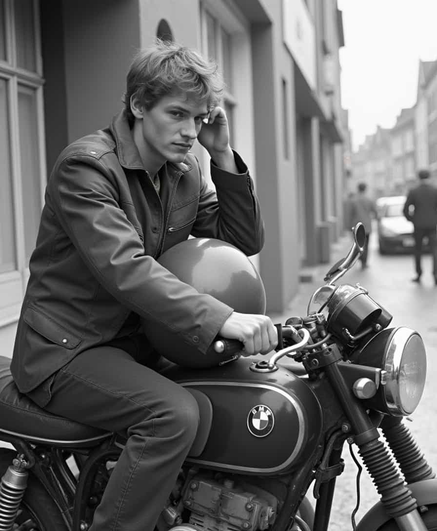 young man takes of helmet while sitting on his parked 1980s bmw motorcycle in Knokke 1980s kodak shot 